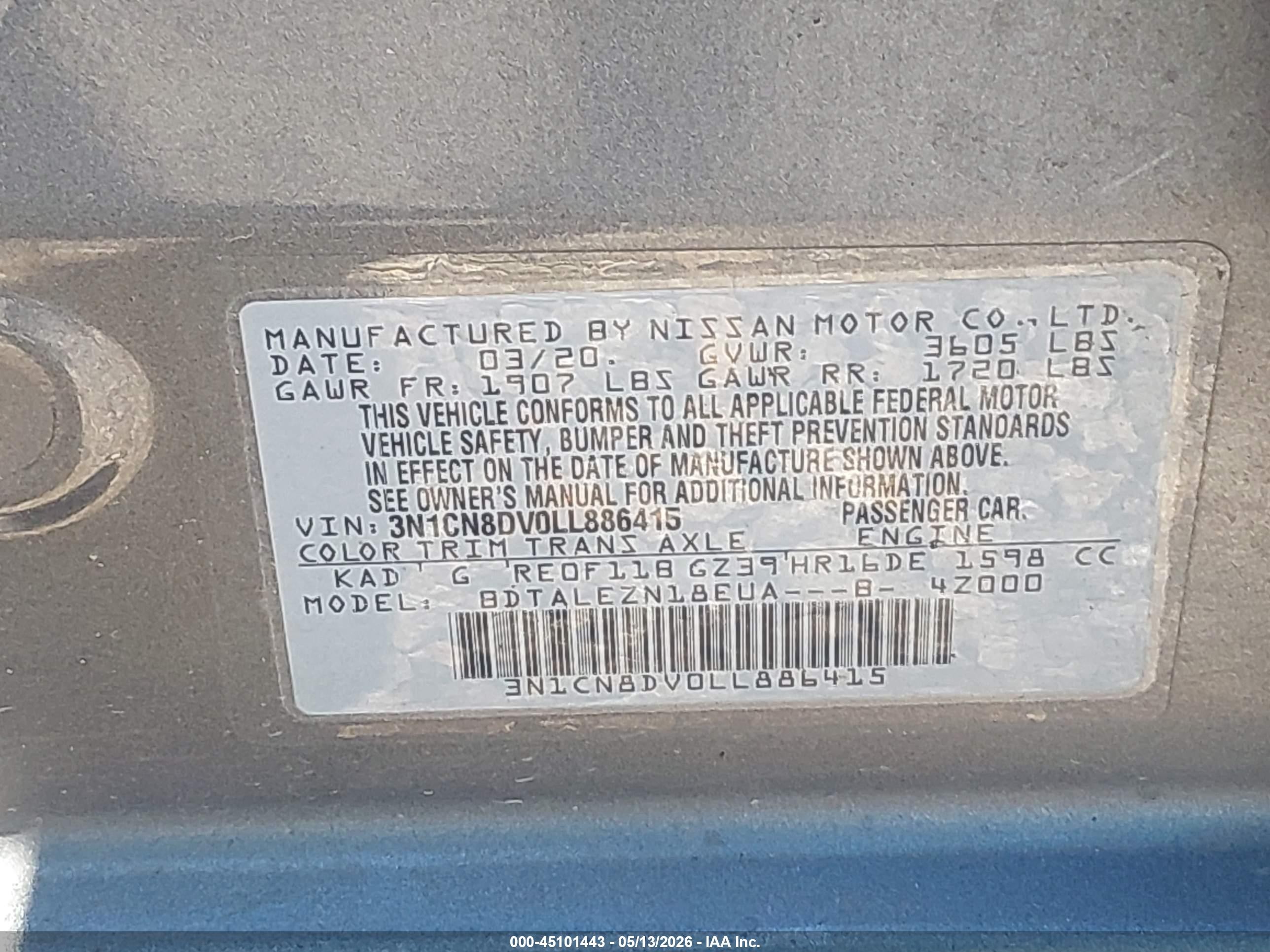 2020 Nissan Versa S Xtronic Cvt Серый vin: 3N1CN8DV0LL886415