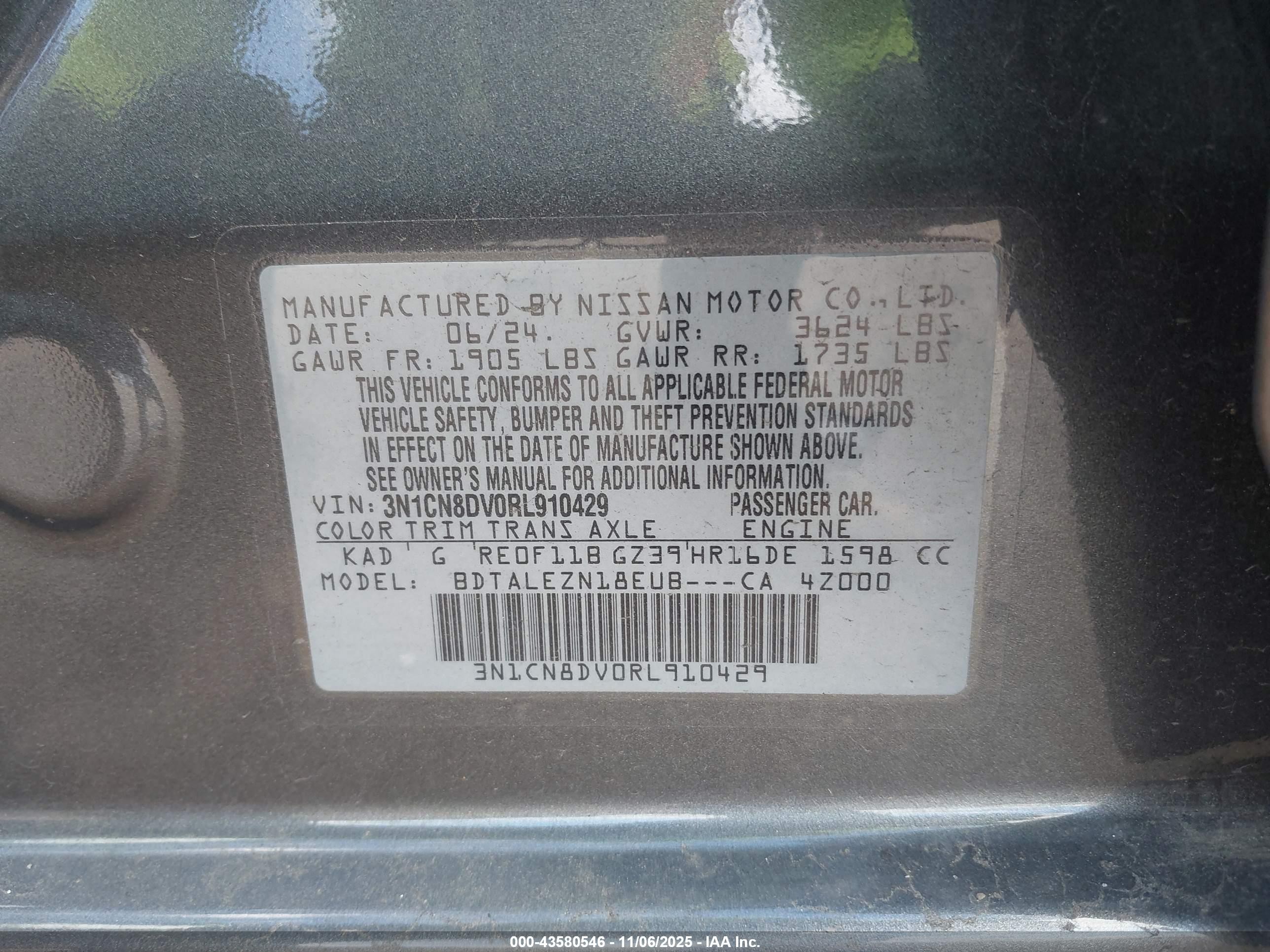 2024 Nissan Versa 1.6 S Серый vin: 3N1CN8DV0RL910429