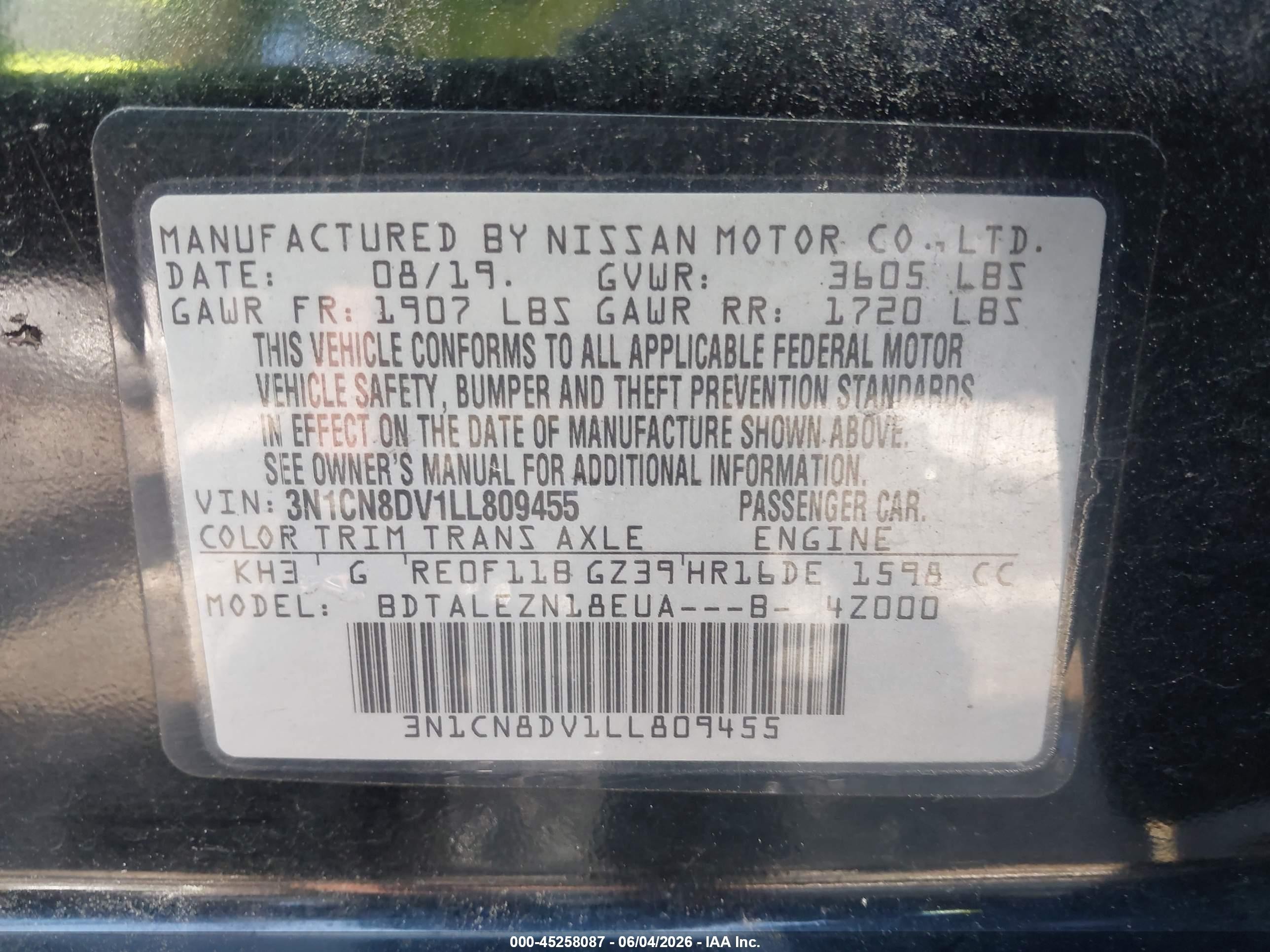 2020 Nissan Versa S Xtronic Cvt Черный vin: 3N1CN8DV1LL809455