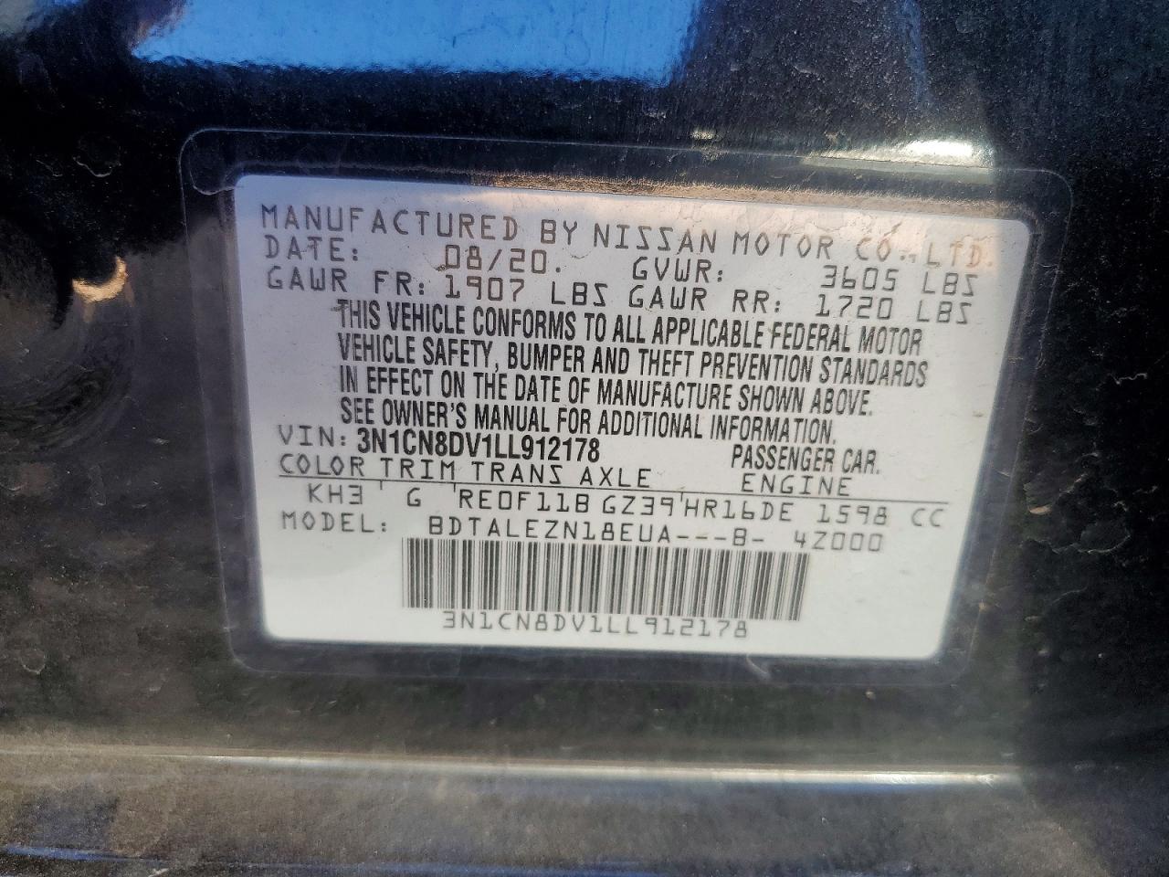 2020 Nissan Versa S Черный vin: 3N1CN8DV1LL912178