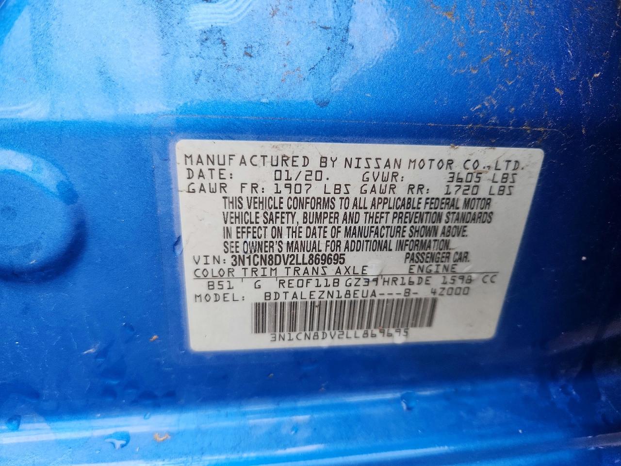 2020 Nissan Versa S Blue vin: 3N1CN8DV2LL869695