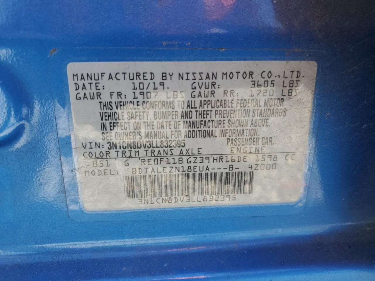 2020 Nissan Versa S Blue vin: 3N1CN8DV3LL832395