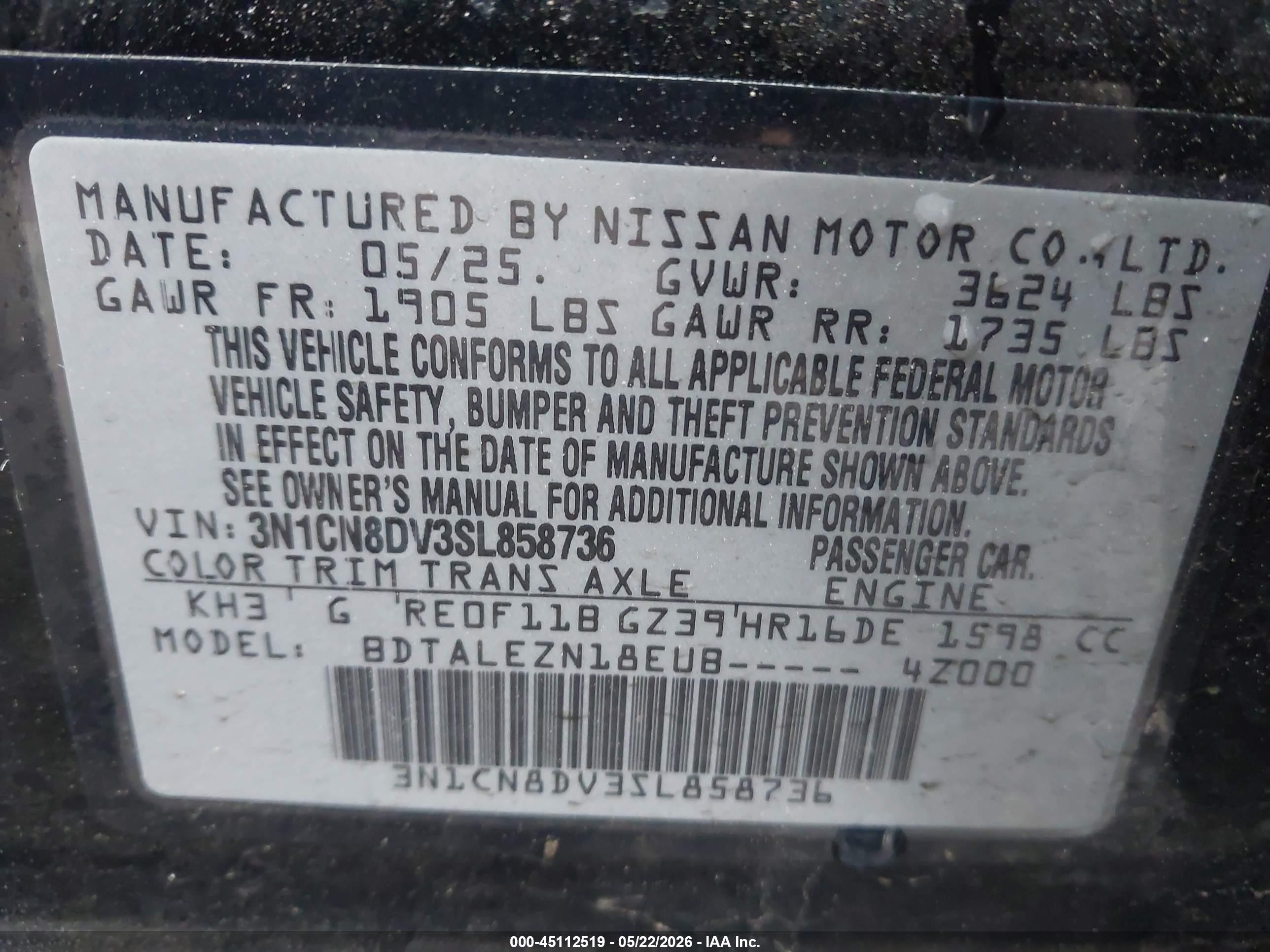 2025 Nissan Versa 1.6 S Black vin: 3N1CN8DV3SL858736