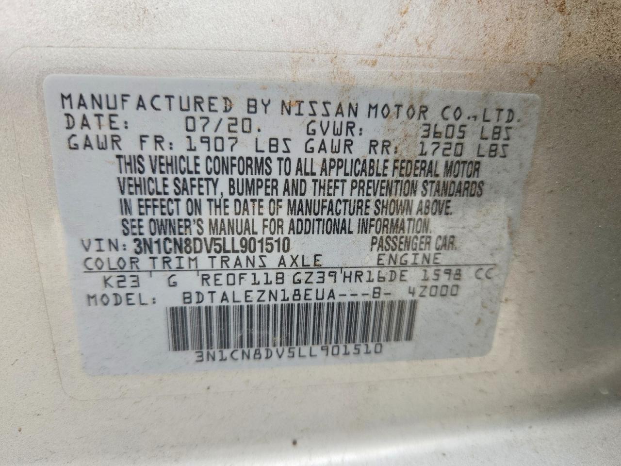 2020 Nissan Versa S Silver vin: 3N1CN8DV5LL901510