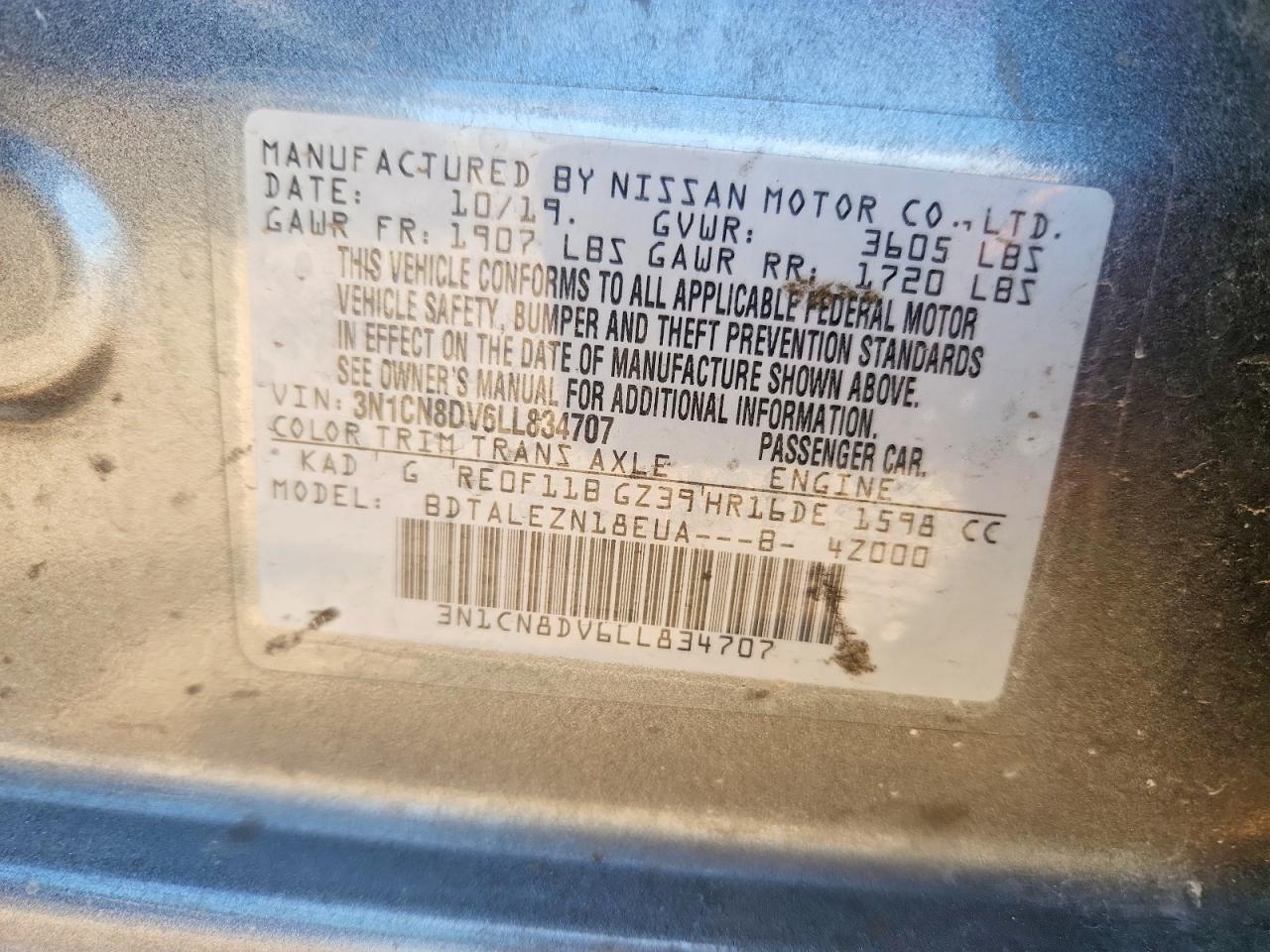 2020 Nissan Versa S Gray vin: 3N1CN8DV6LL834707