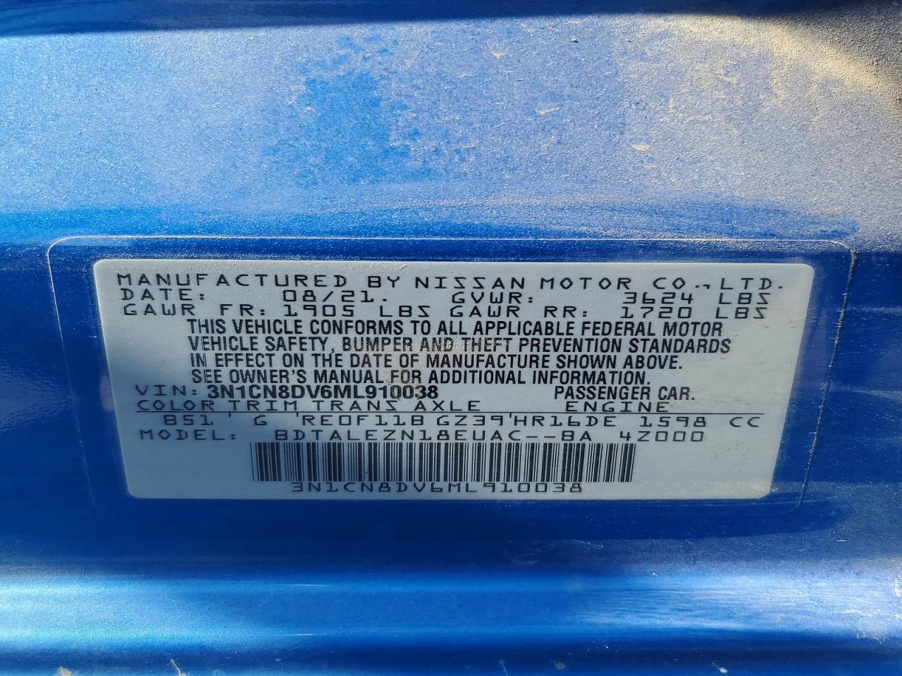 2021 Nissan Versa S Blue vin: 3N1CN8DV6ML910038