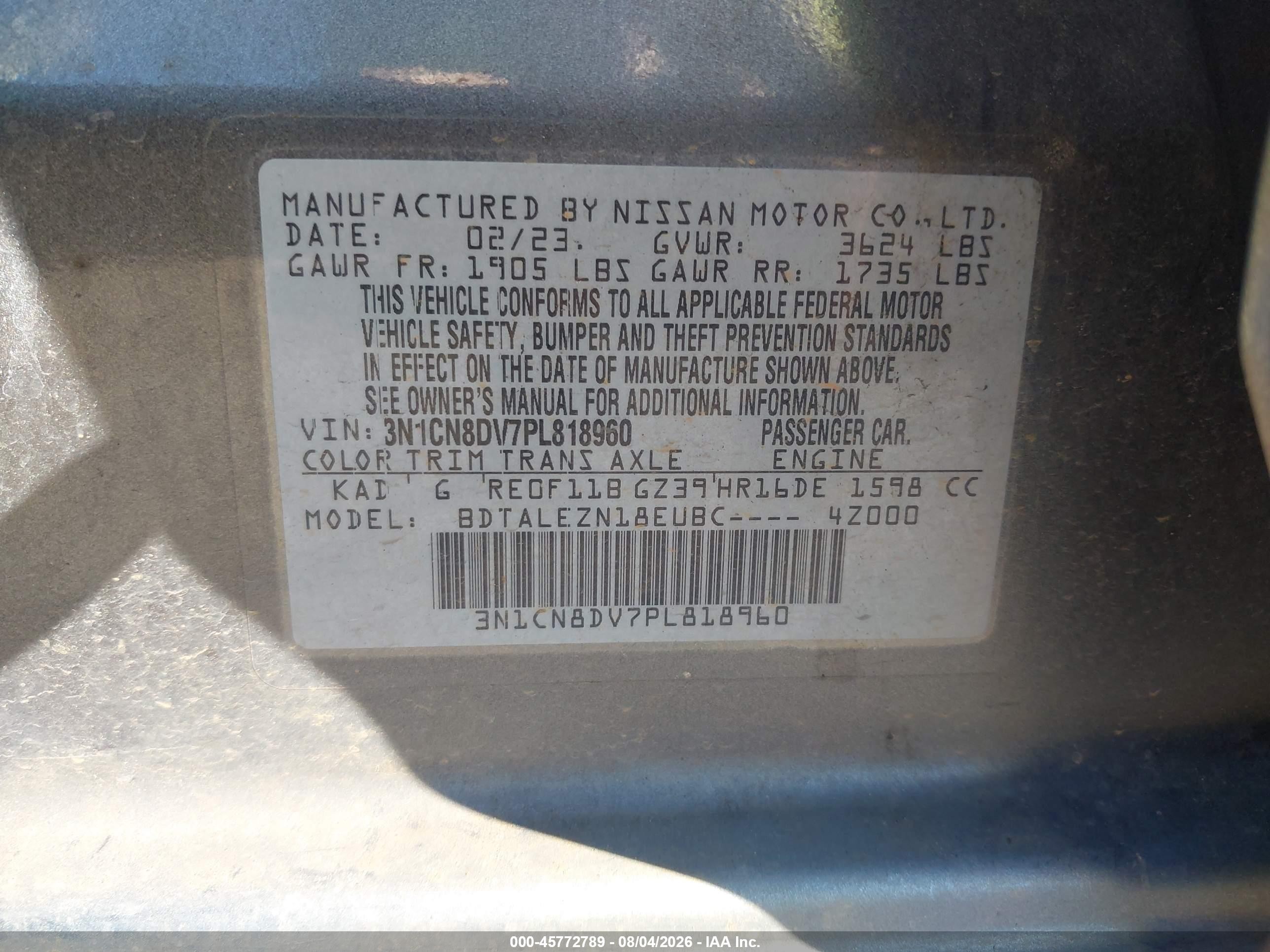 2023 Nissan Versa 1.6 S Xtronic Cvt Gray vin: 3N1CN8DV7PL818960