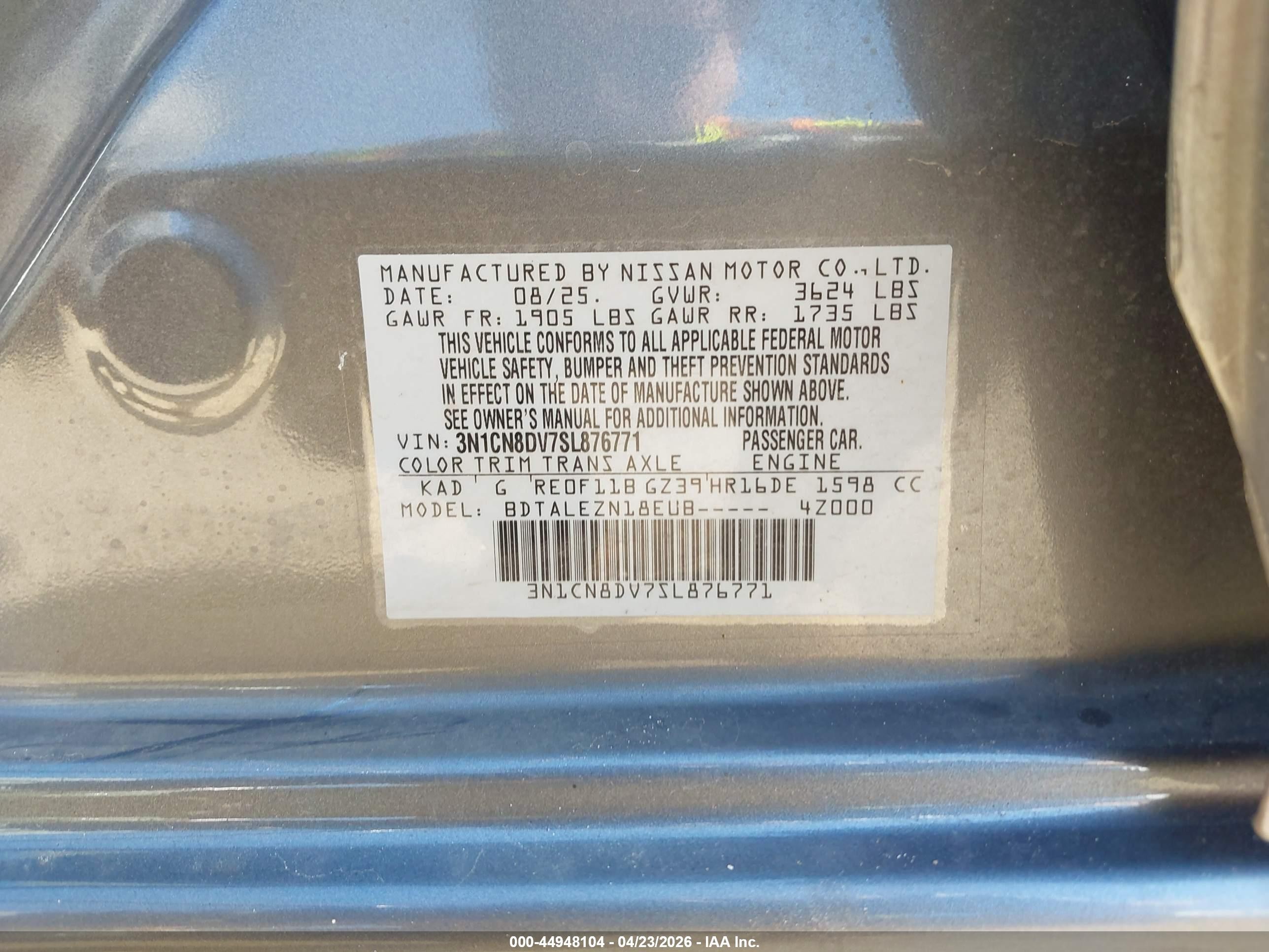 2025 Nissan Versa 1.6 S Gray vin: 3N1CN8DV7SL876771