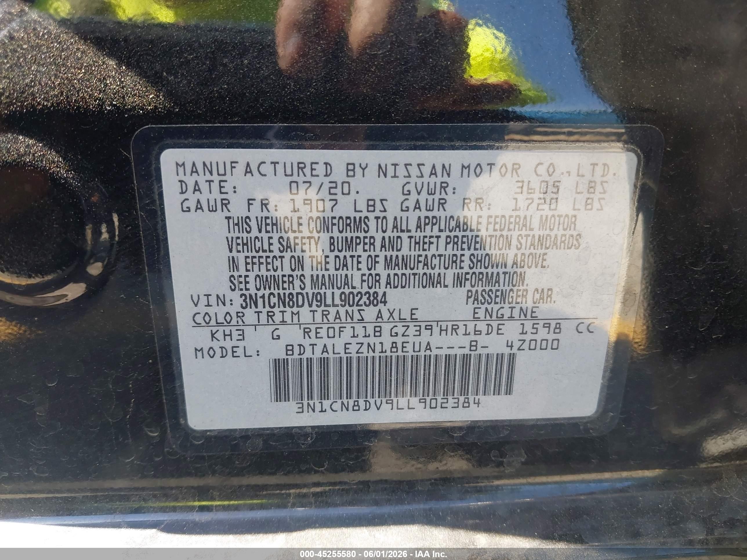 2020 Nissan Versa S Xtronic Cvt Black vin: 3N1CN8DV9LL902384
