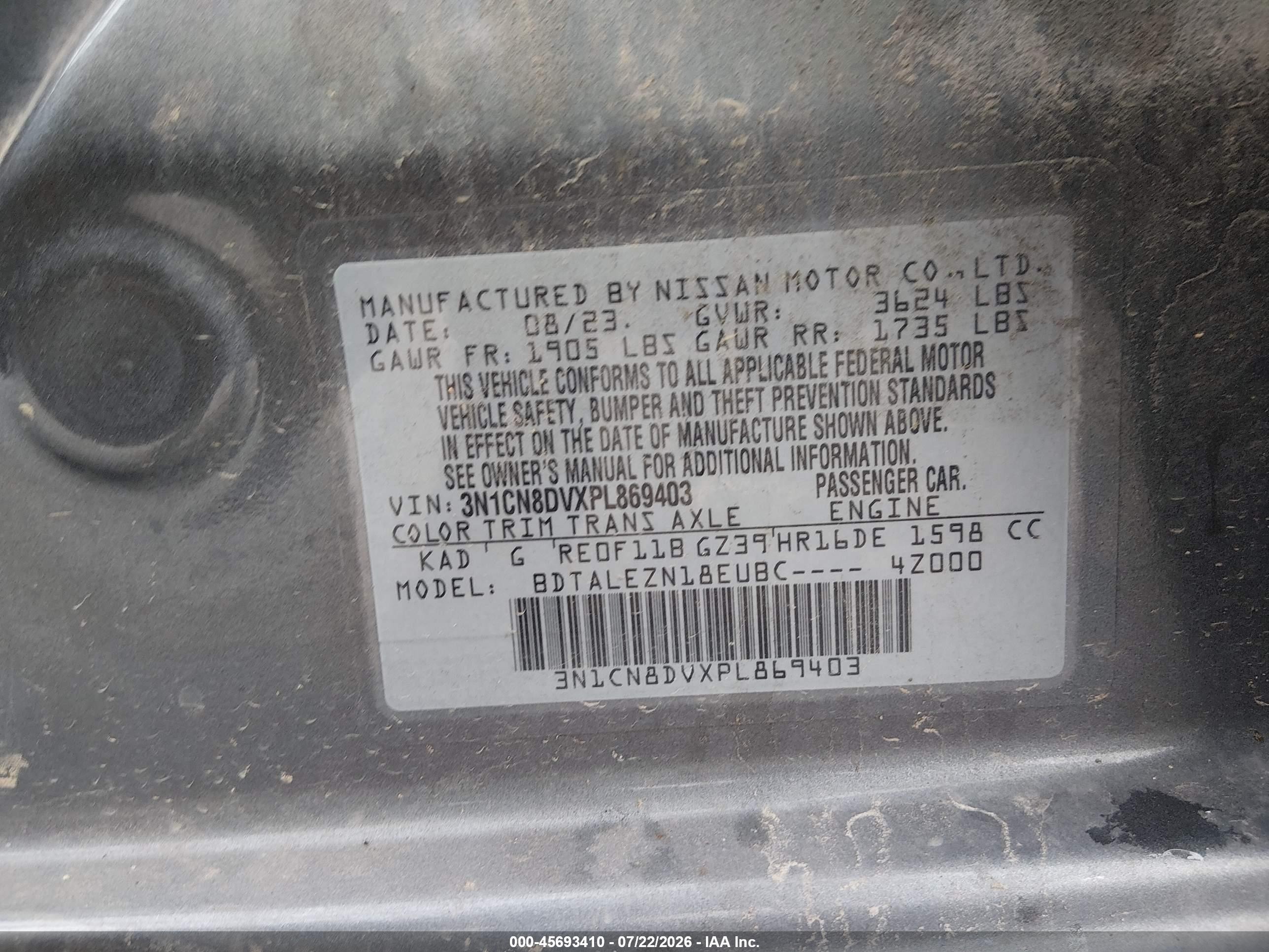 2023 Nissan Versa 1.6 S Xtronic Cvt Gray vin: 3N1CN8DVXPL869403
