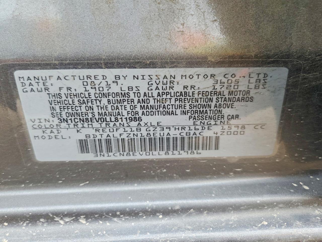 2020 Nissan Versa Sv Gray vin: 3N1CN8EV0LL811986