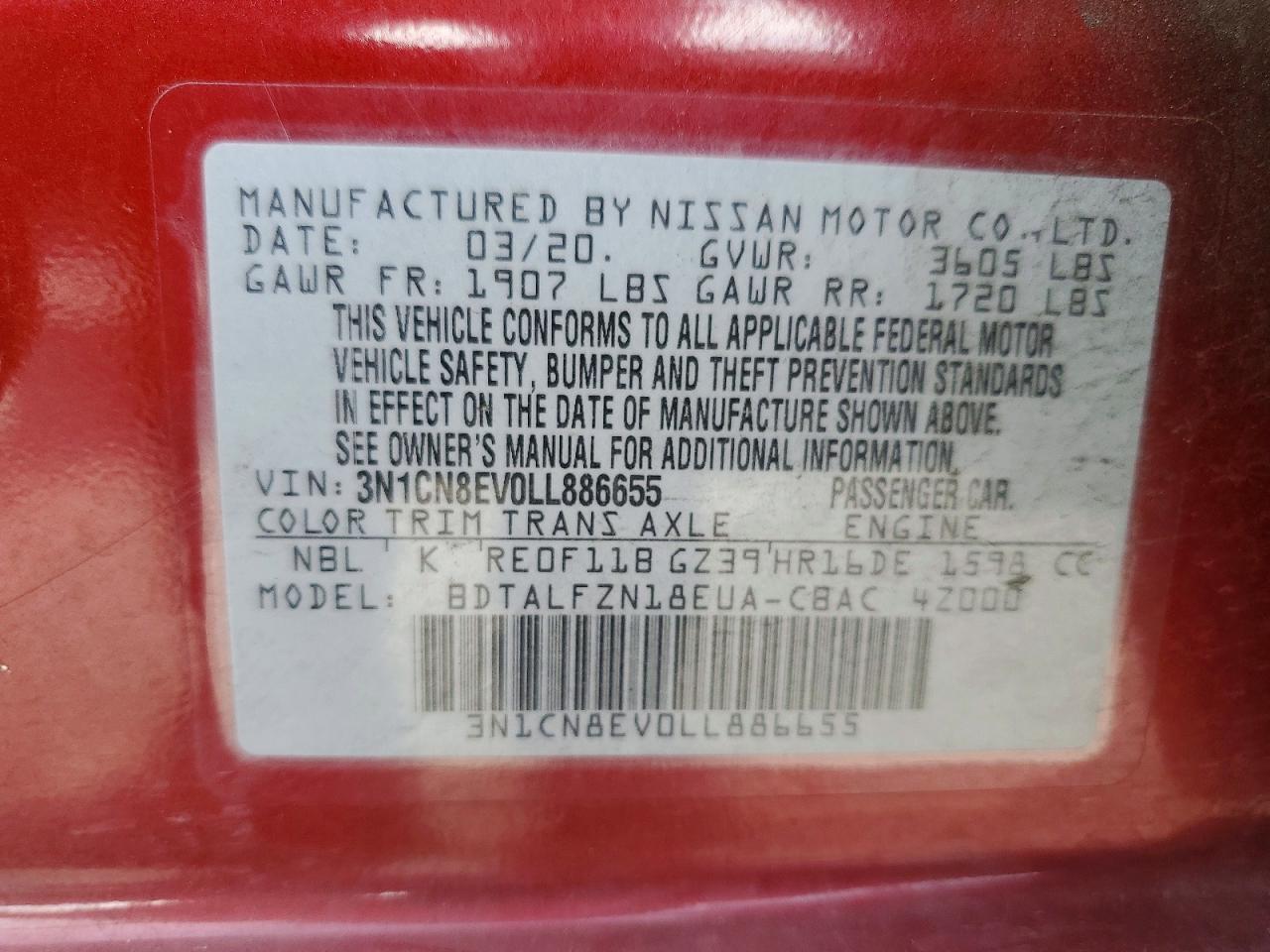 2020 Nissan Versa Sv Red vin: 3N1CN8EV0LL886655