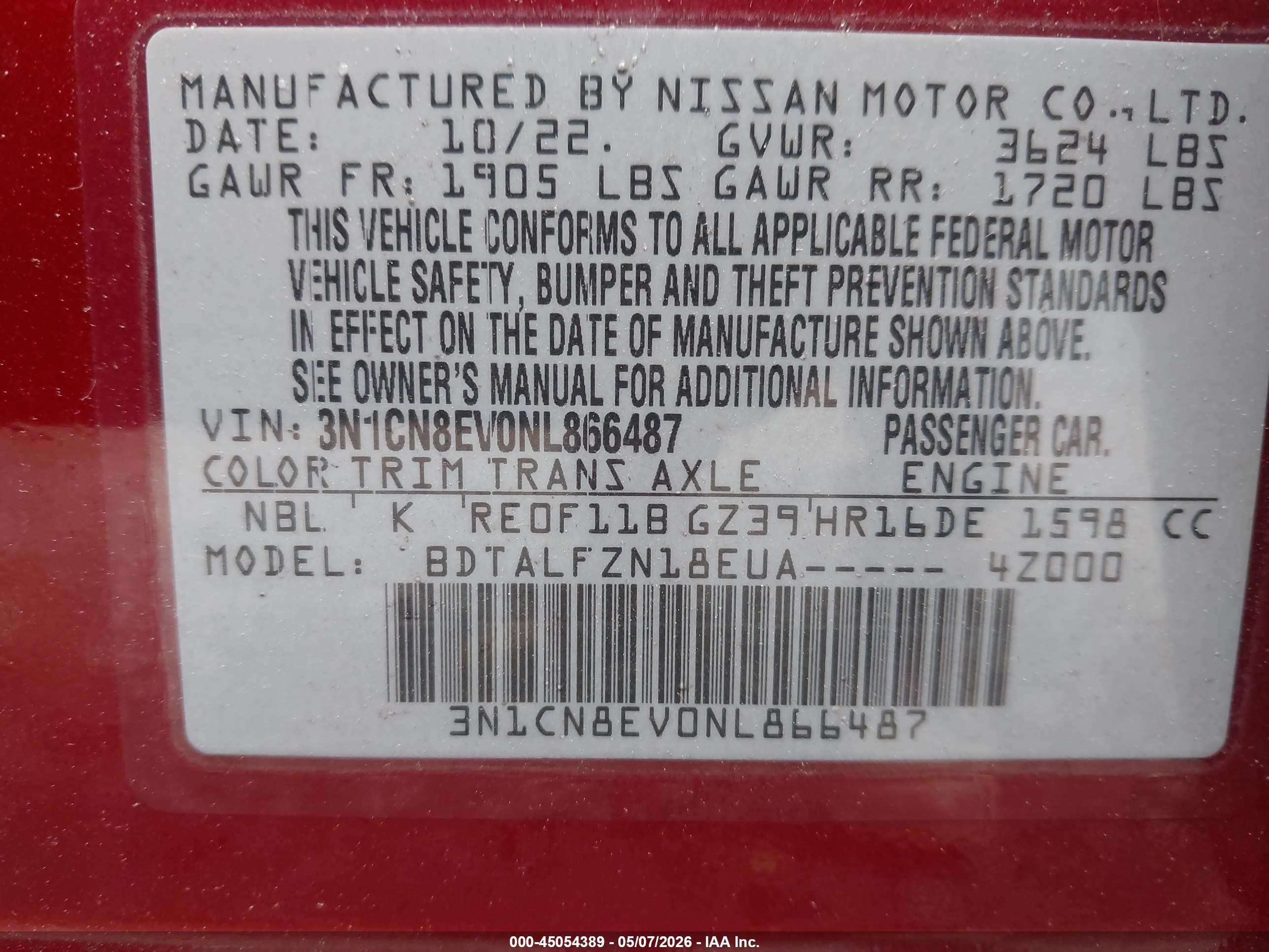 2022 Nissan Versa 1.6 Sv Xtronic Cvt Red vin: 3N1CN8EV0NL866487
