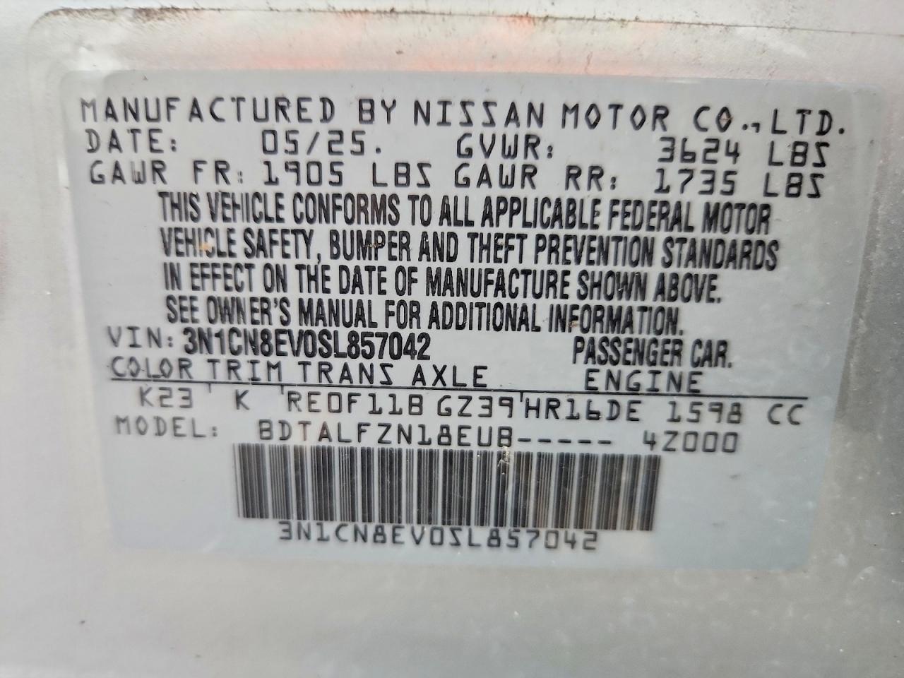 2025 Nissan Versa Sv Silver vin: 3N1CN8EV0SL857042