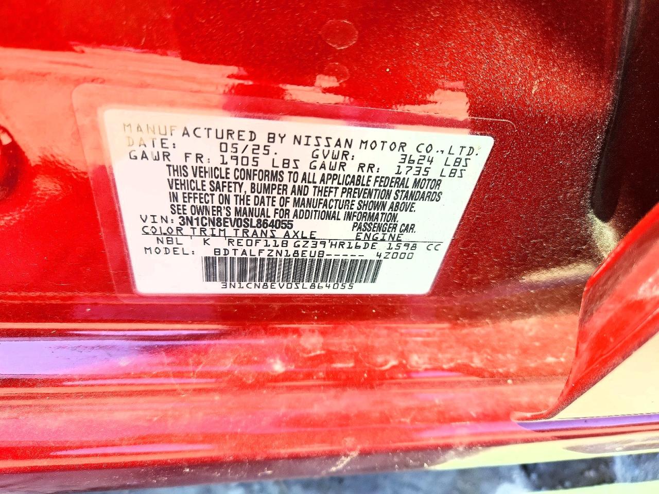2025 Nissan Versa Sv Red vin: 3N1CN8EV0SL864055