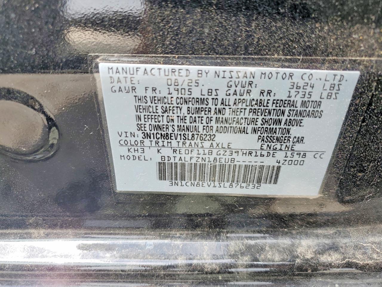 2025 Nissan Versa Sv Black vin: 3N1CN8EV1SL876232