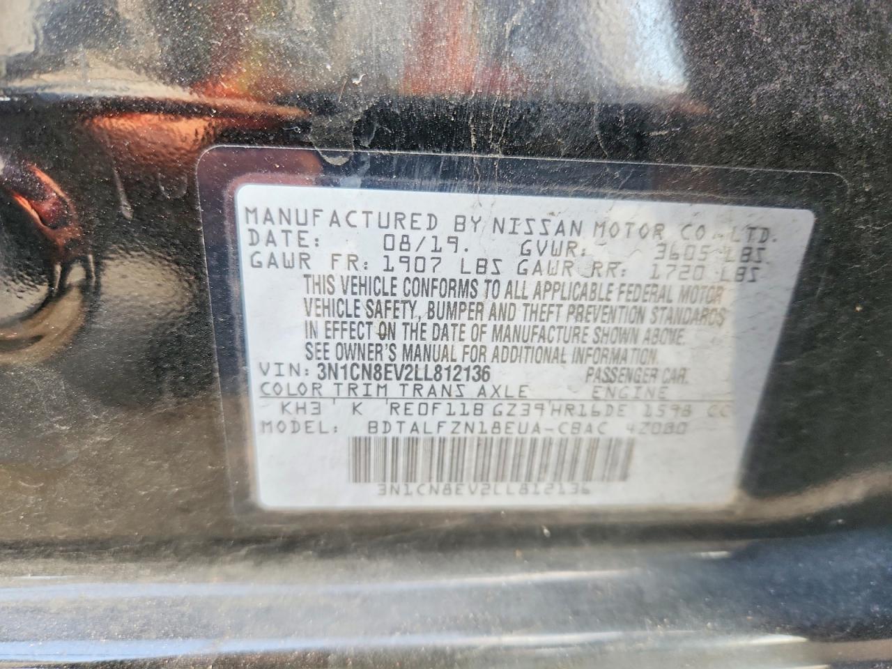 2020 Nissan Versa Sv Black vin: 3N1CN8EV2LL812136