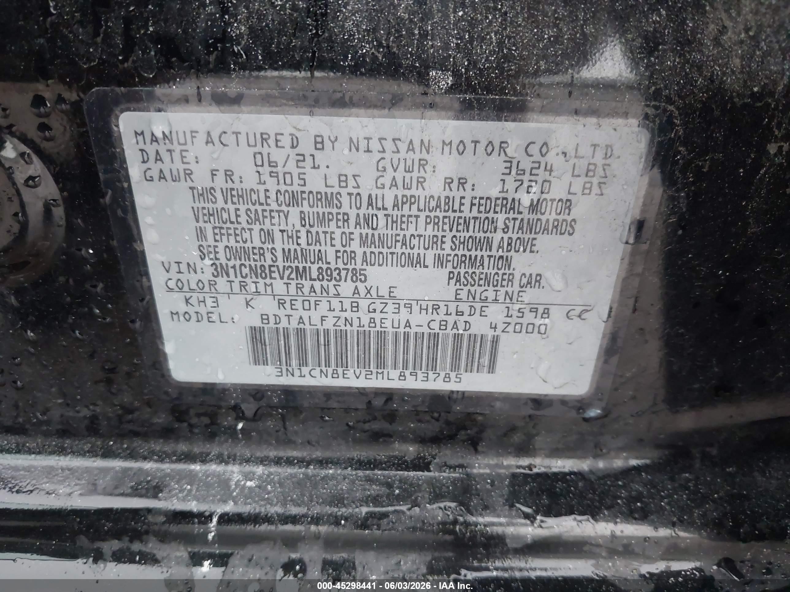 2021 Nissan Versa Sv Xtronic Cvt Black vin: 3N1CN8EV2ML893785