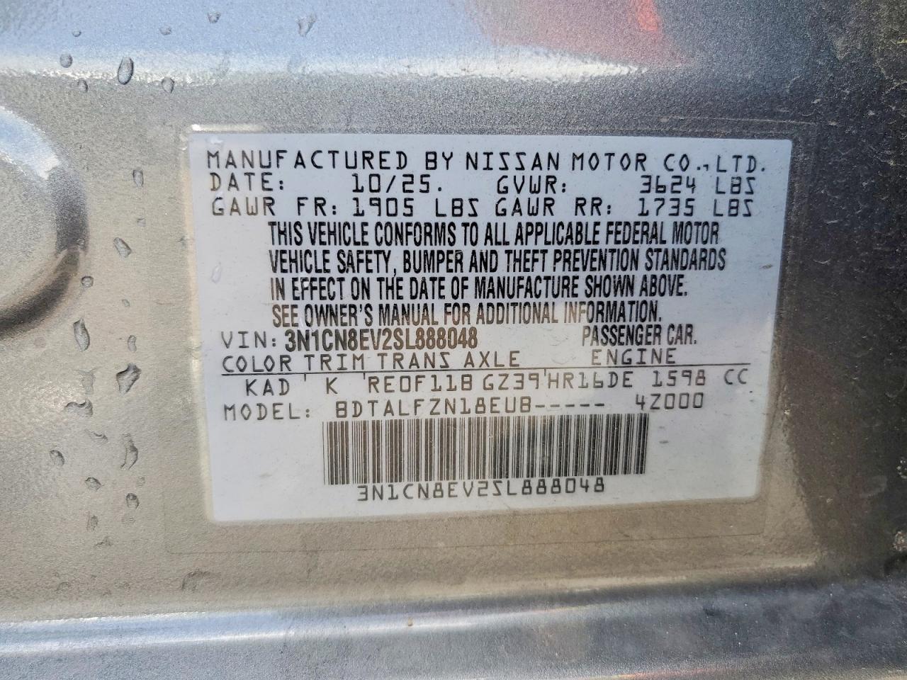 2025 Nissan Versa Sv Gray vin: 3N1CN8EV2SL888048