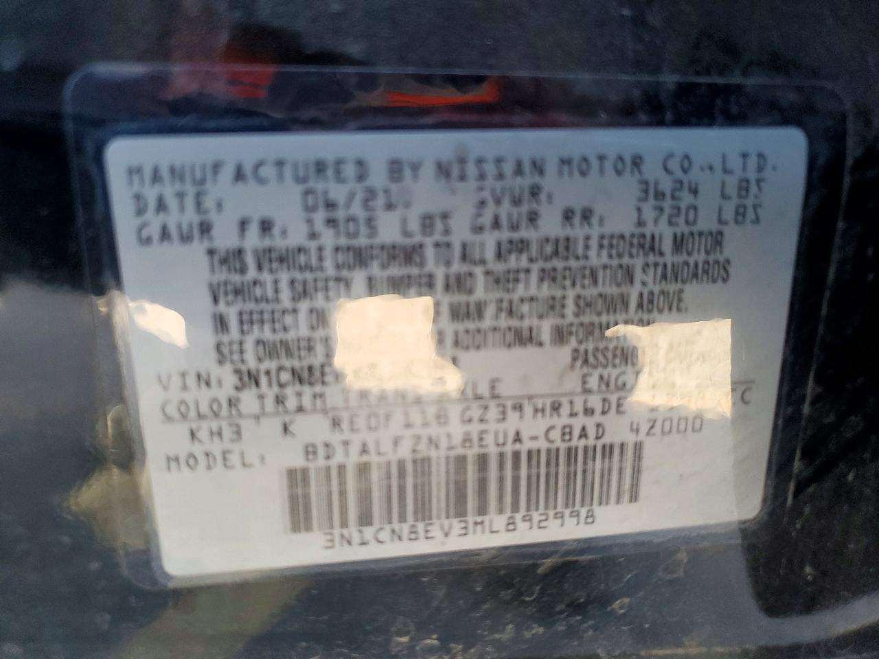 2021 Nissan Versa Sv Black vin: 3N1CN8EV3ML892998