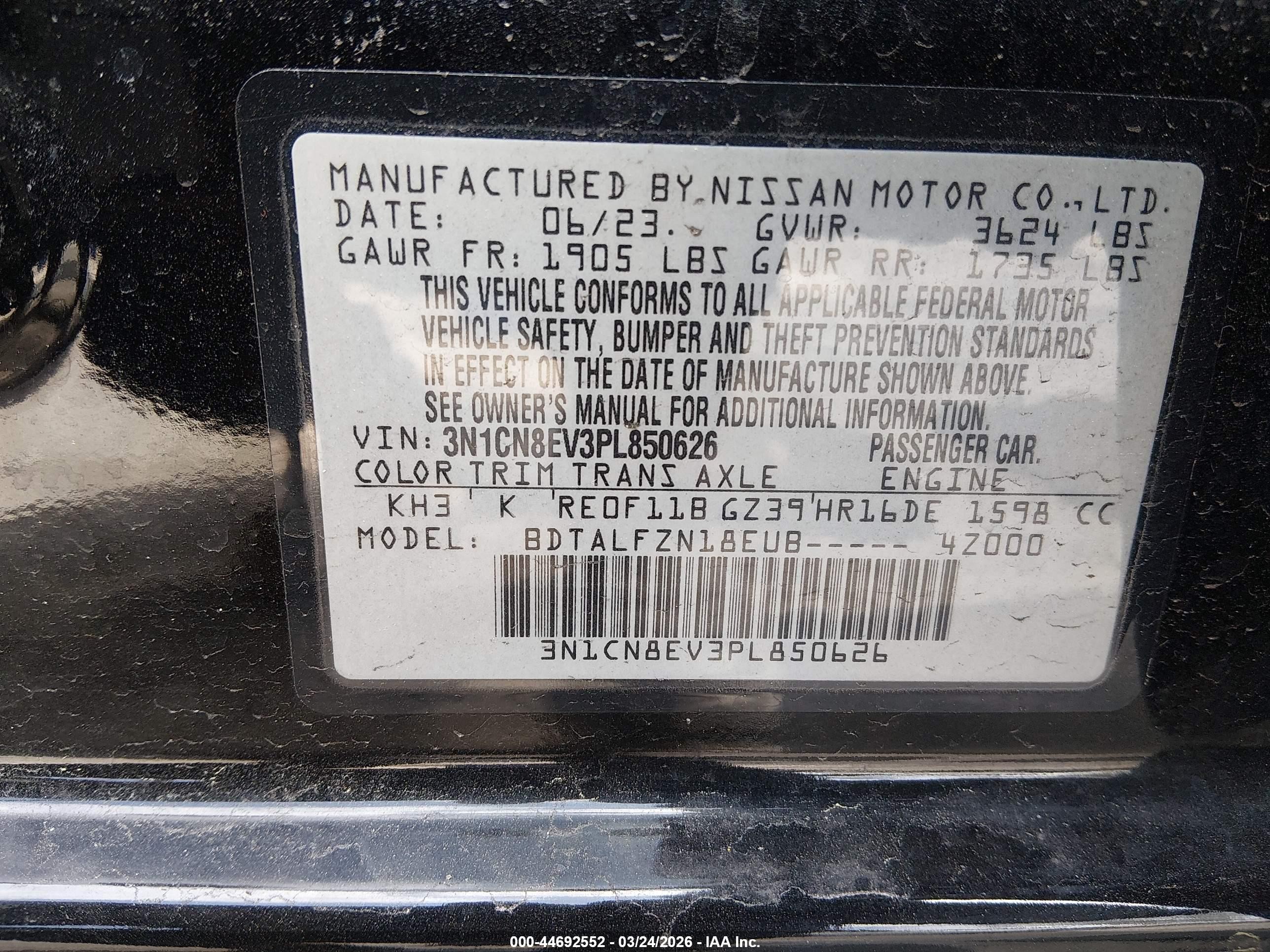 2023 Nissan Versa 1.6 Sv Xtronic Cvt Черный vin: 3N1CN8EV3PL850626
