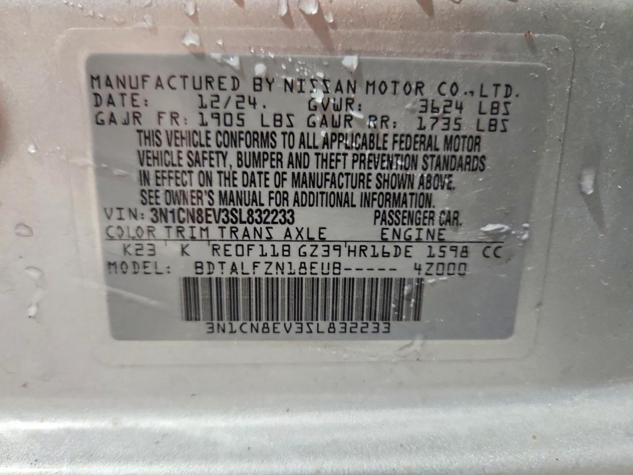2025 Nissan Versa Sv Silver vin: 3N1CN8EV3SL832233
