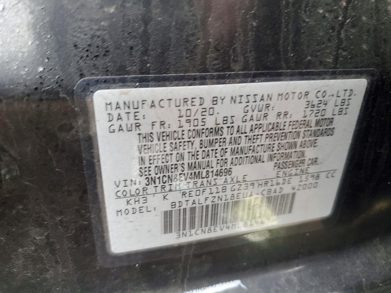2021 Nissan Versa Sv Black vin: 3N1CN8EV4ML814696