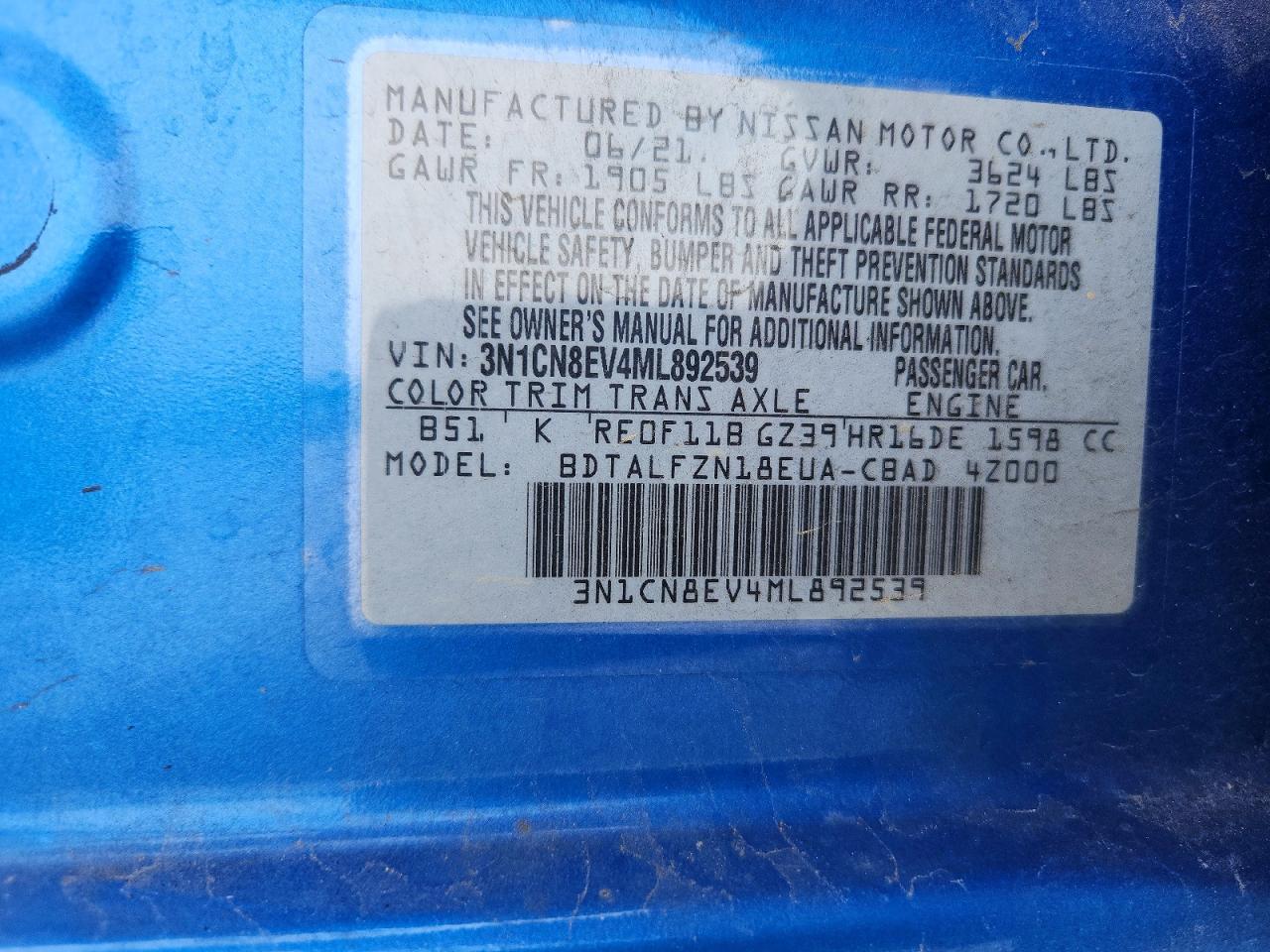 2021 Nissan Versa Sv Blue vin: 3N1CN8EV4ML892539