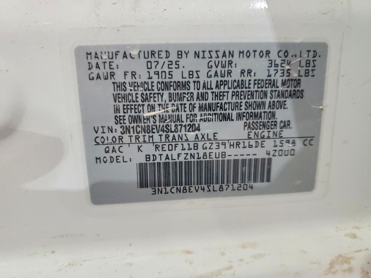 2025 Nissan Versa Sv White vin: 3N1CN8EV4SL871204
