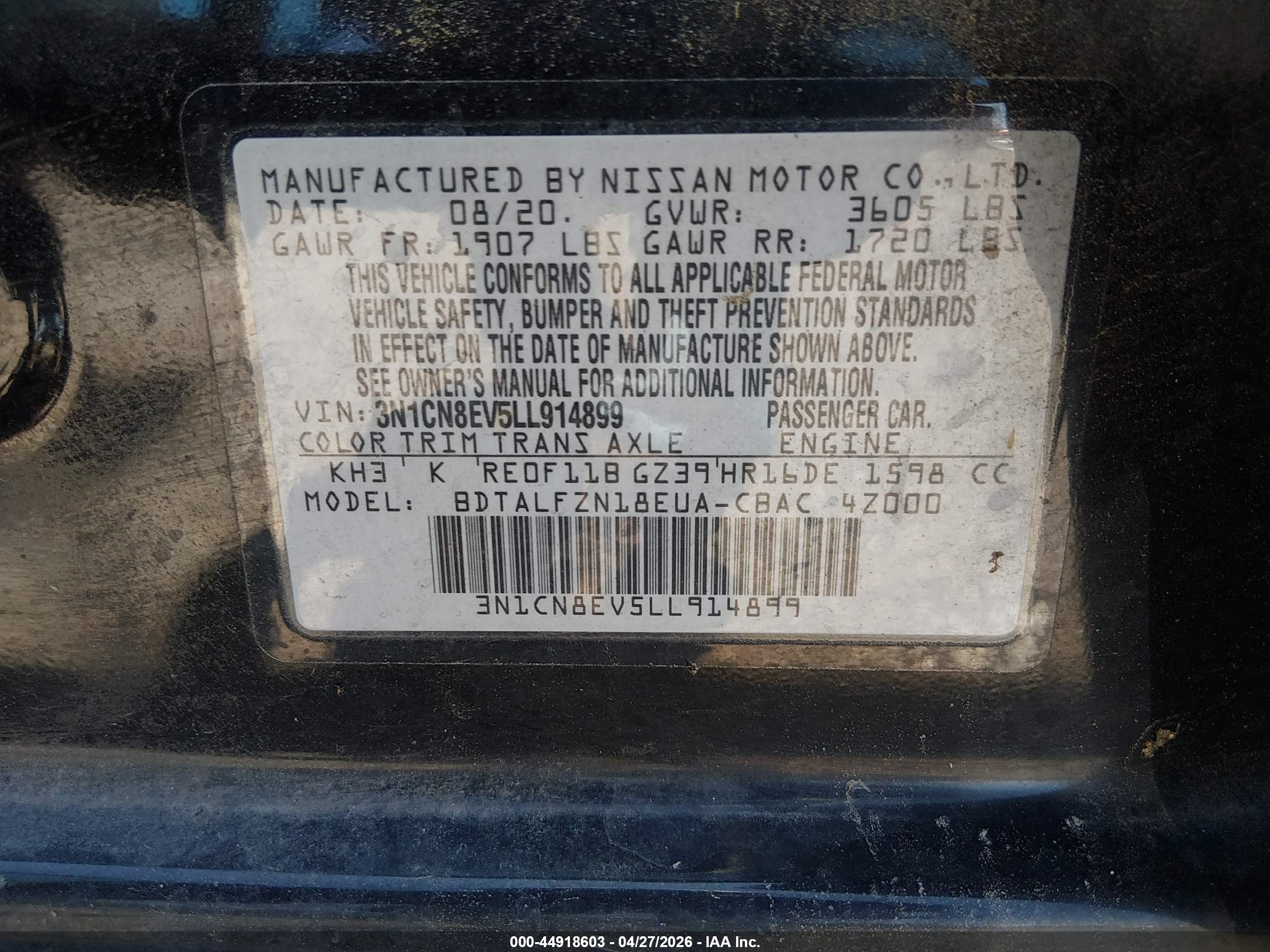 2020 Nissan Versa Sv Xtronic Cvt Black vin: 3N1CN8EV5LL914899