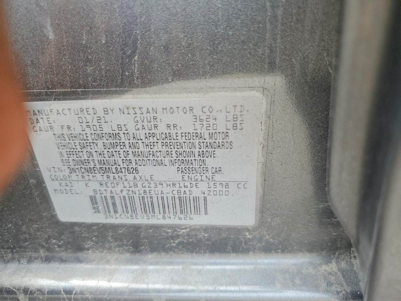 2021 Nissan Versa Sv Charcoal vin: 3N1CN8EV5ML847626