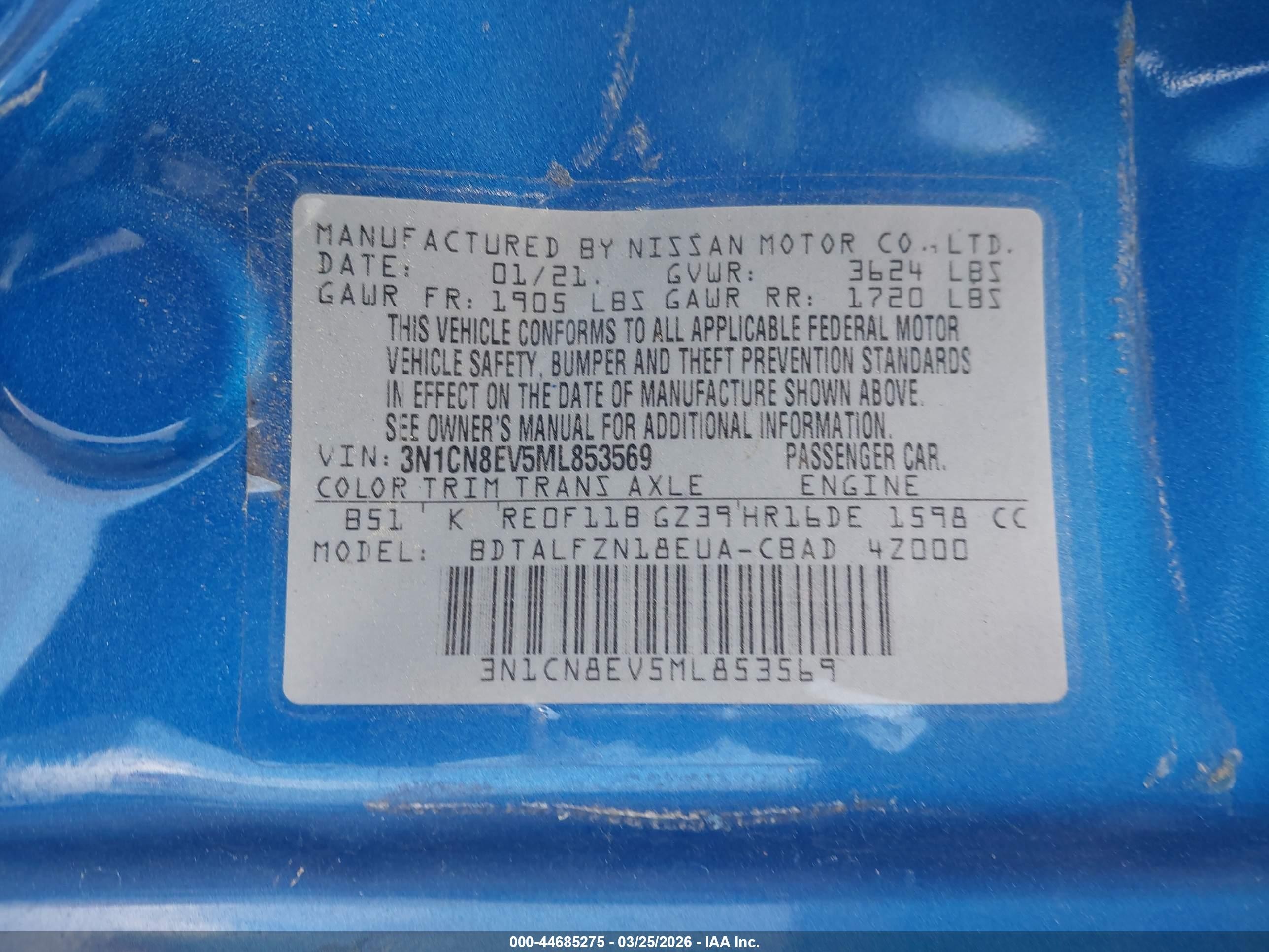 2021 Nissan Versa Sv Xtronic Cvt Синий vin: 3N1CN8EV5ML853569