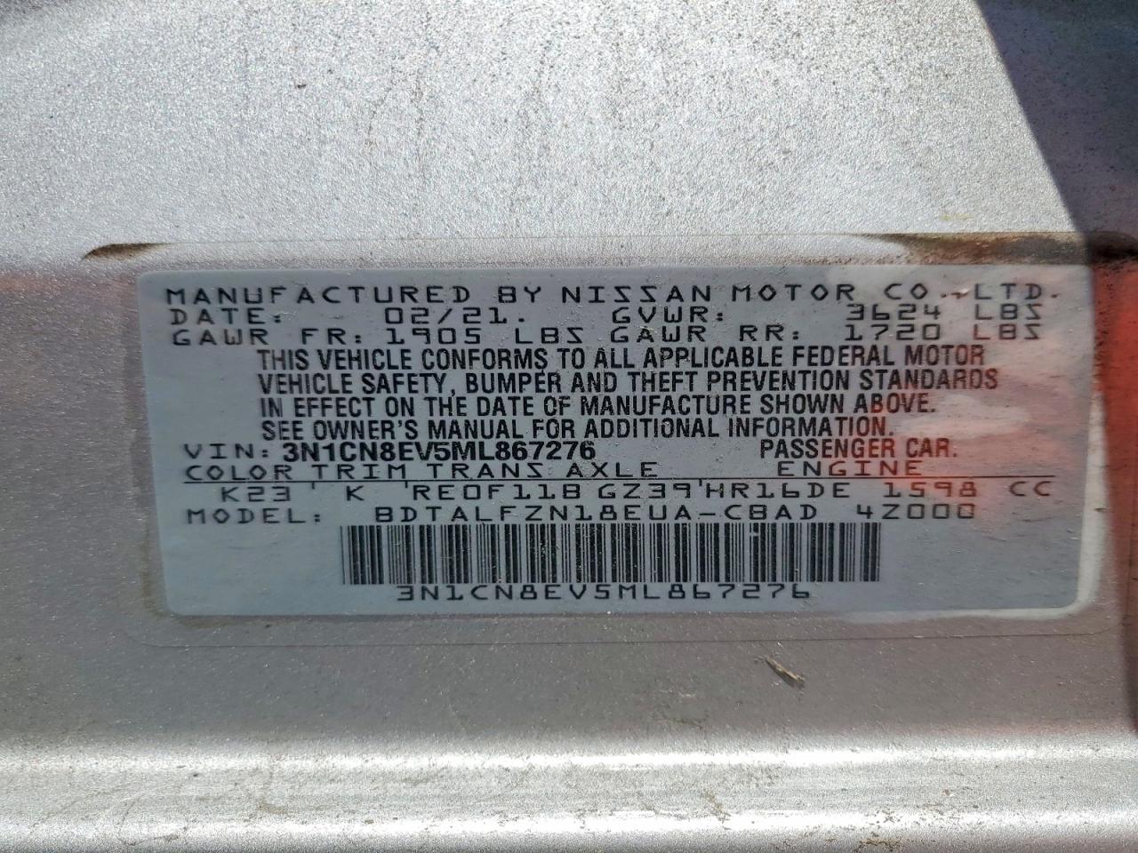 2021 Nissan Versa Sv Gray vin: 3N1CN8EV5ML867276