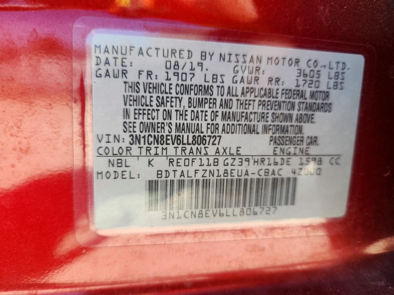 2020 Nissan Versa Sv Red vin: 3N1CN8EV6LL806727