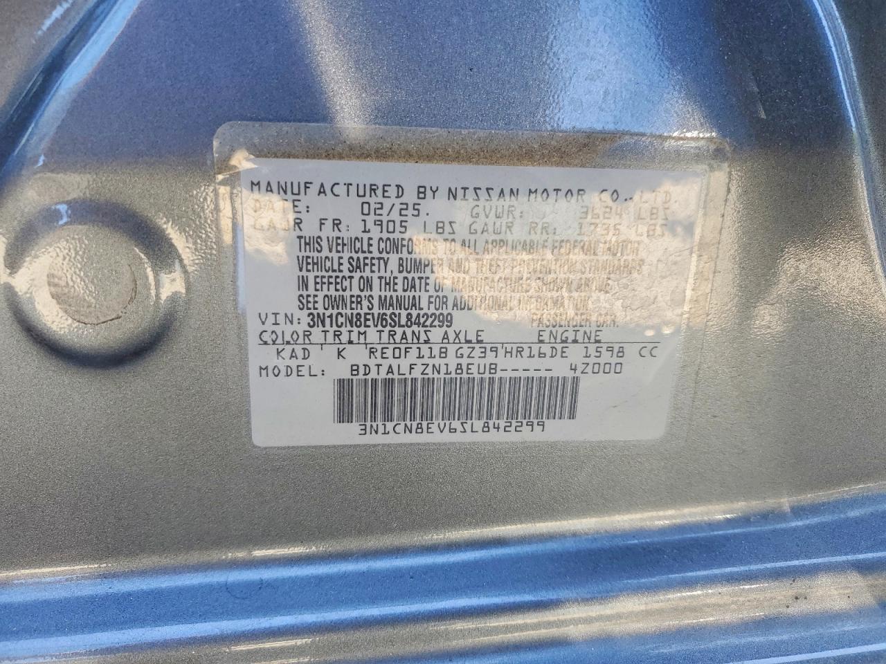 2025 Nissan Versa Sv Gray vin: 3N1CN8EV6SL842299
