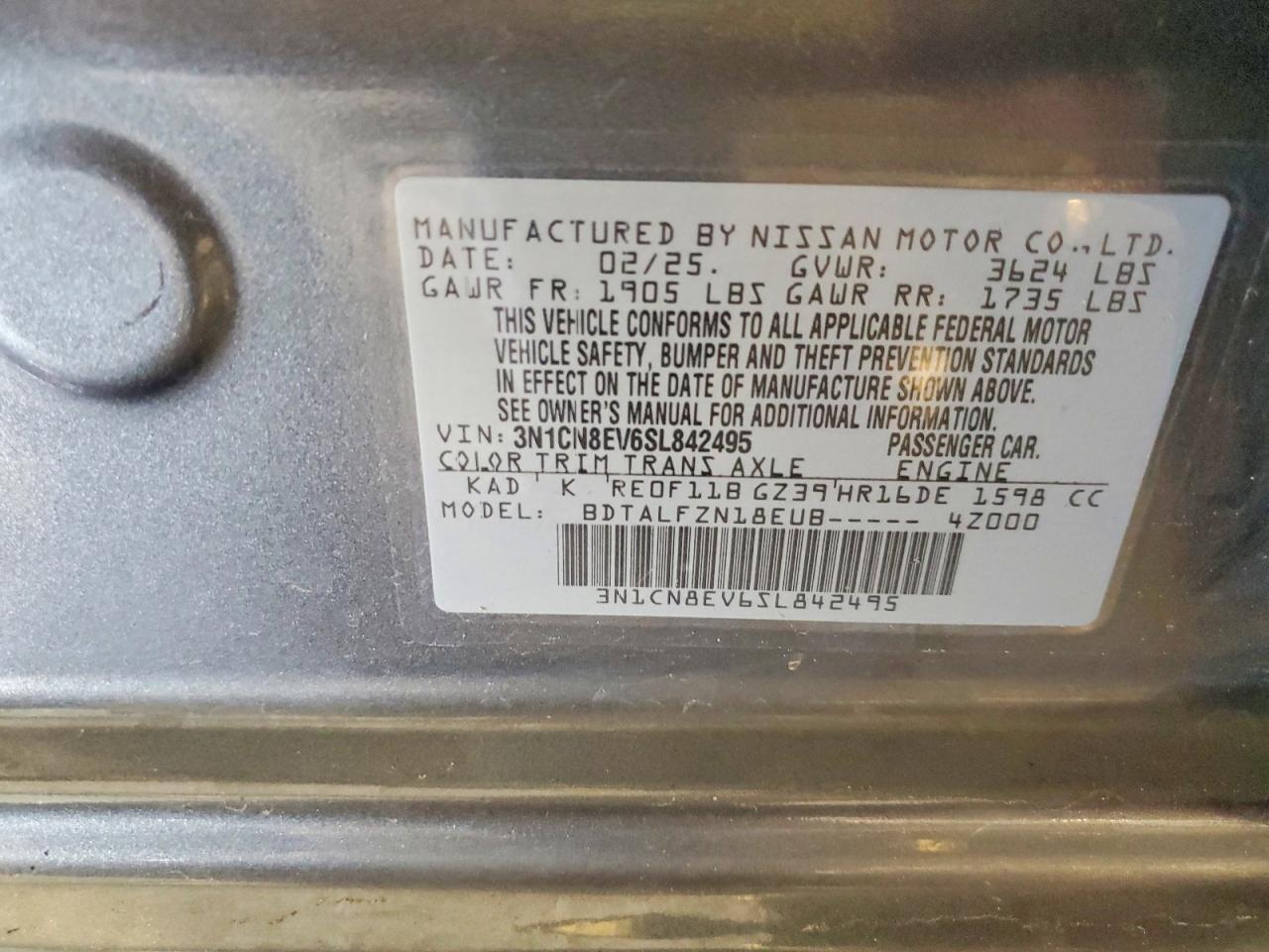 2025 Nissan Versa Gray vin: 3N1CN8EV6SL842495