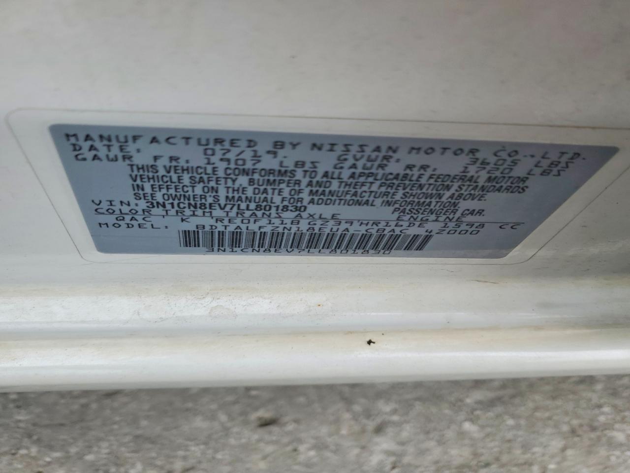 2020 Nissan Versa Sv White vin: 3N1CN8EV7LL801830
