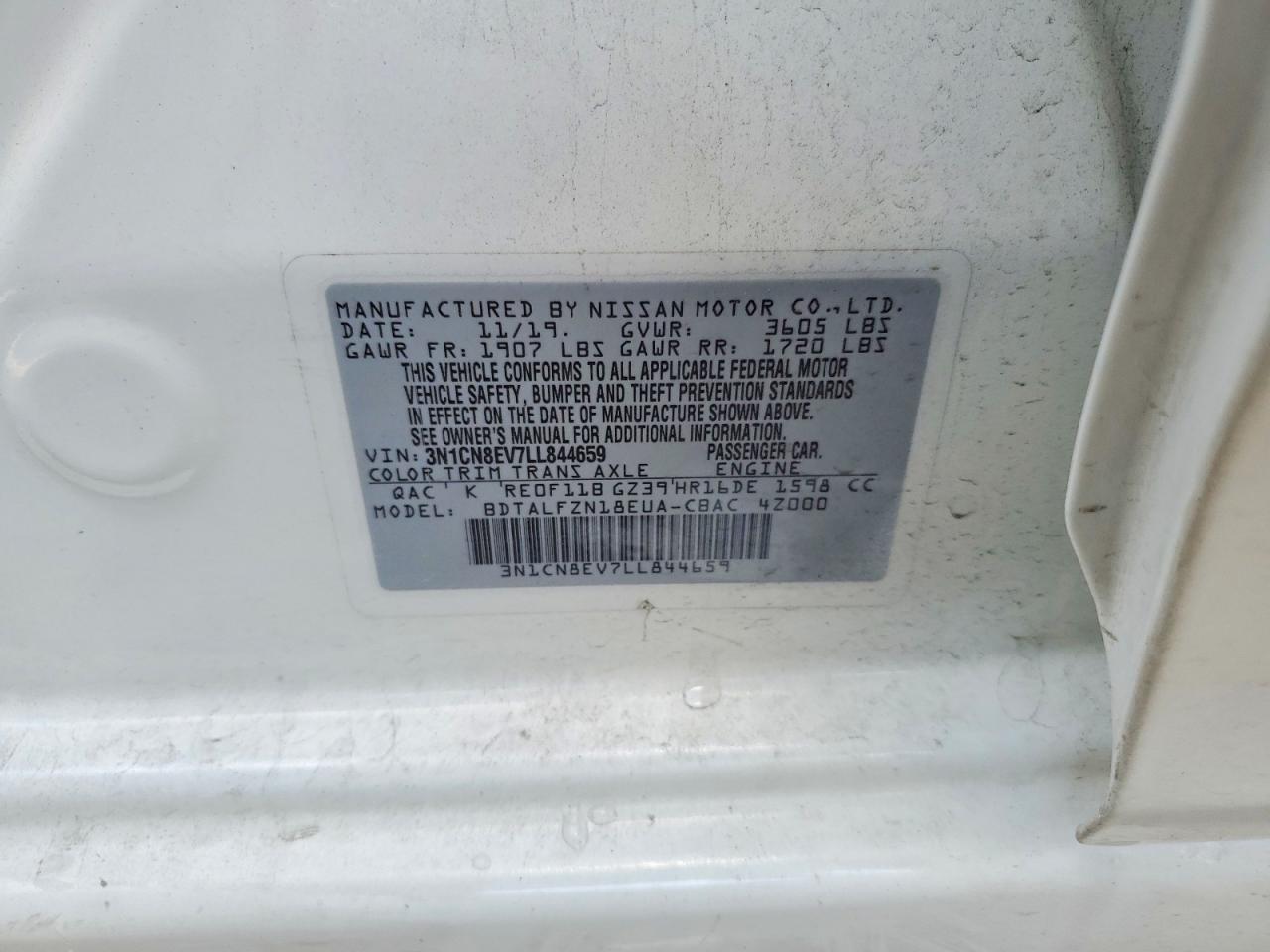 2020 Nissan Versa Sv White vin: 3N1CN8EV7LL844659