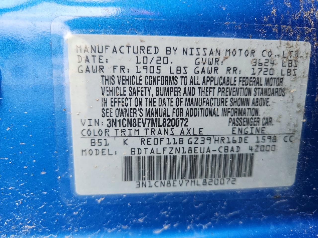2021 Nissan Versa Sv Blue vin: 3N1CN8EV7ML820072