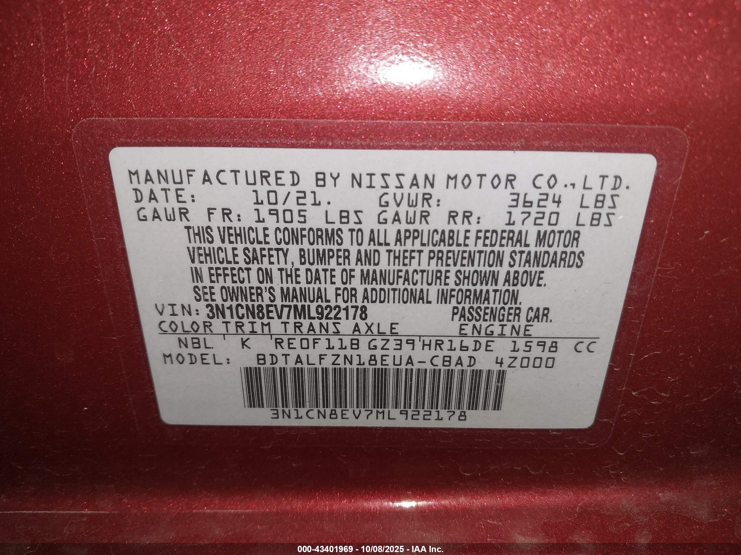 2021 Nissan Versa Sv Xtronic Cvt Красный vin: 3N1CN8EV7ML922178