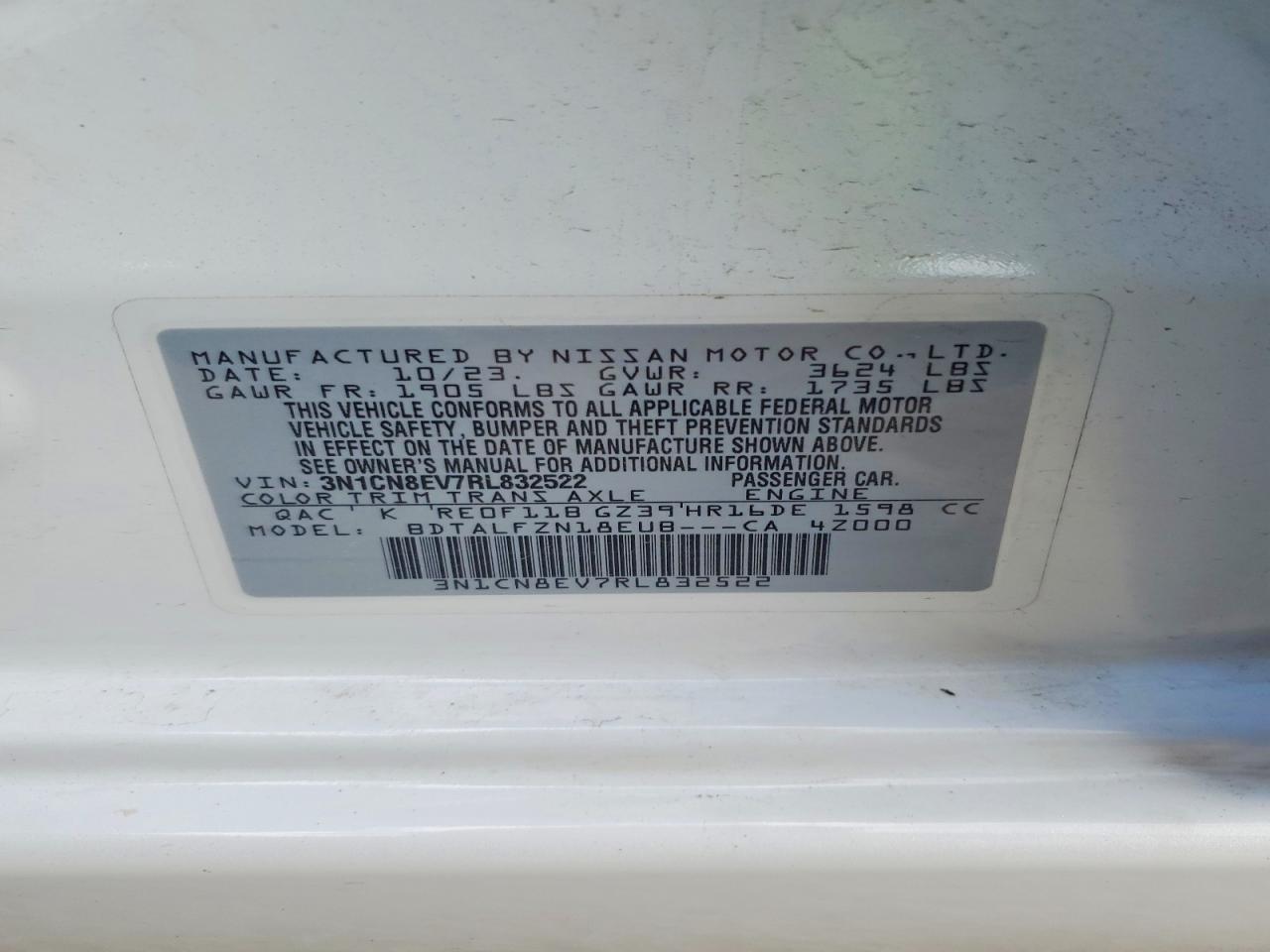 2024 Nissan Versa Sv Белый vin: 3N1CN8EV7RL832522