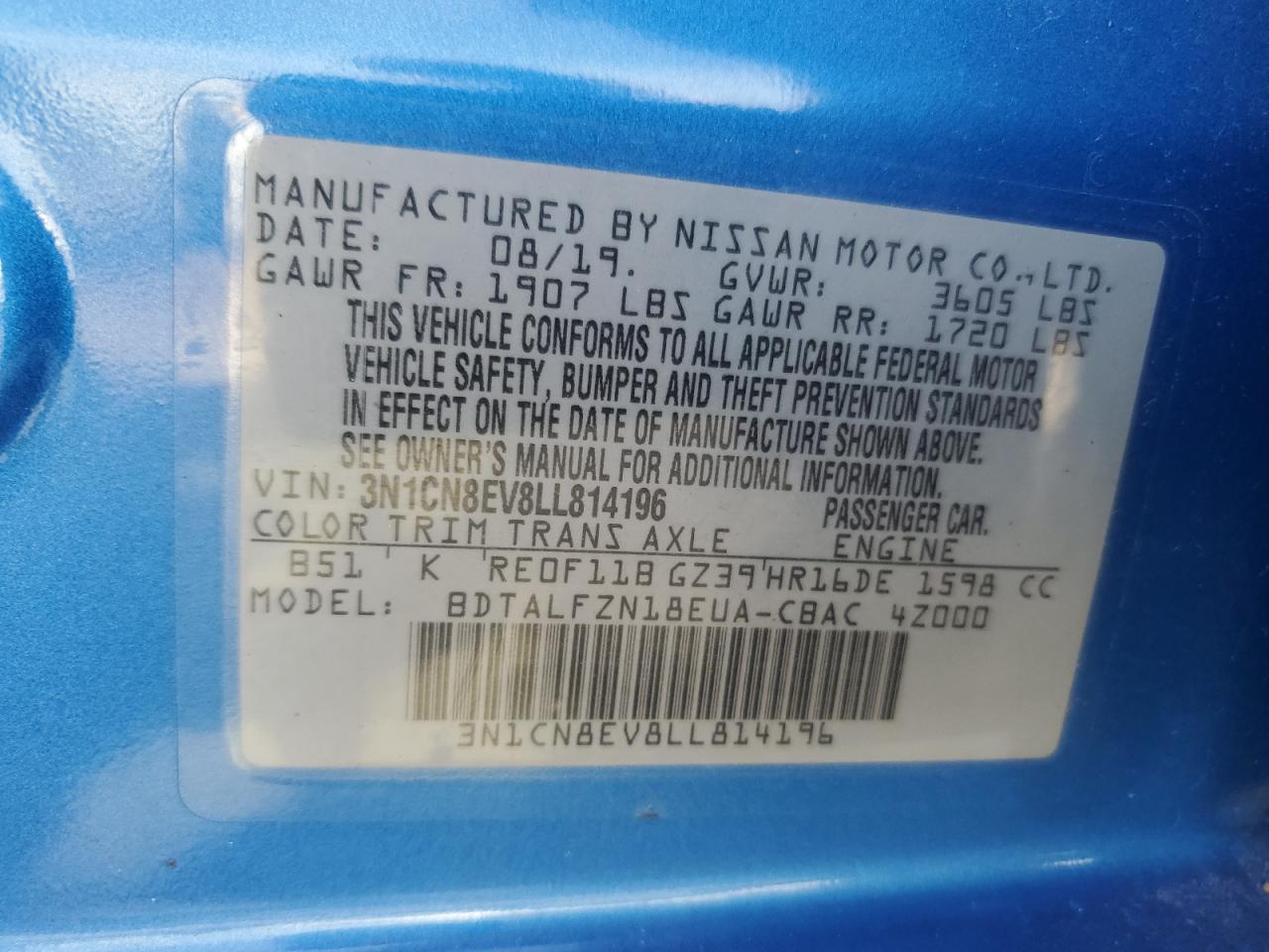 2020 Nissan Versa Sv Blue vin: 3N1CN8EV8LL814196