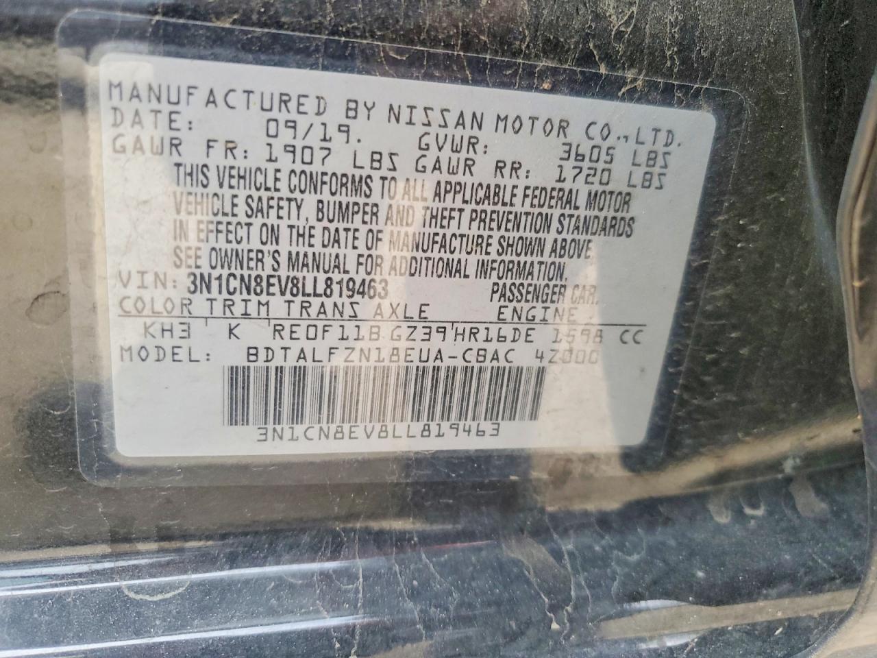 2020 Nissan Versa Sv Black vin: 3N1CN8EV8LL819463