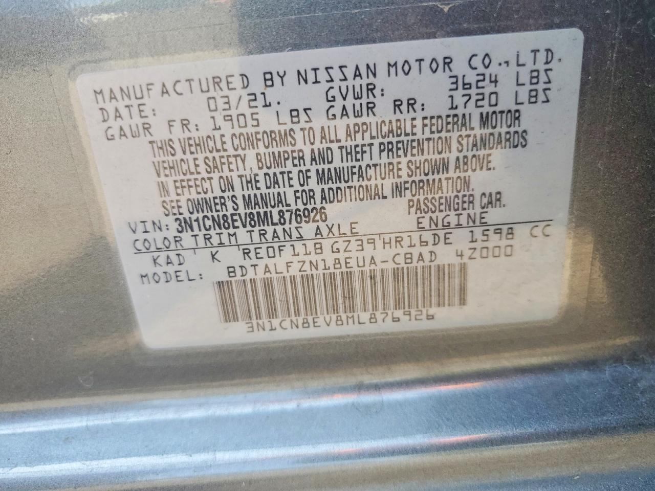 2021 Nissan Versa Sv Gray vin: 3N1CN8EV8ML876926