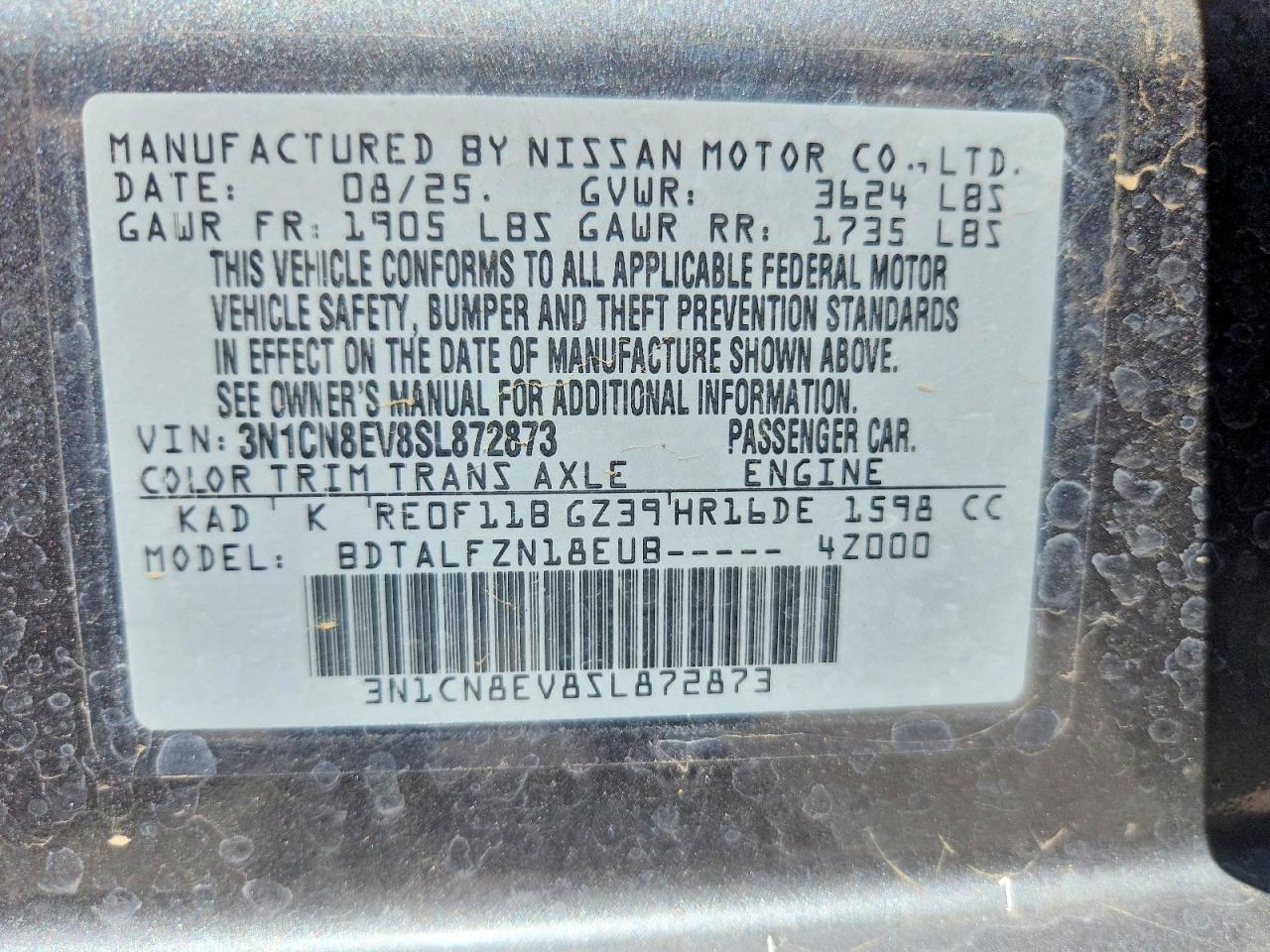 2025 Nissan Versa Sv Charcoal vin: 3N1CN8EV8SL872873