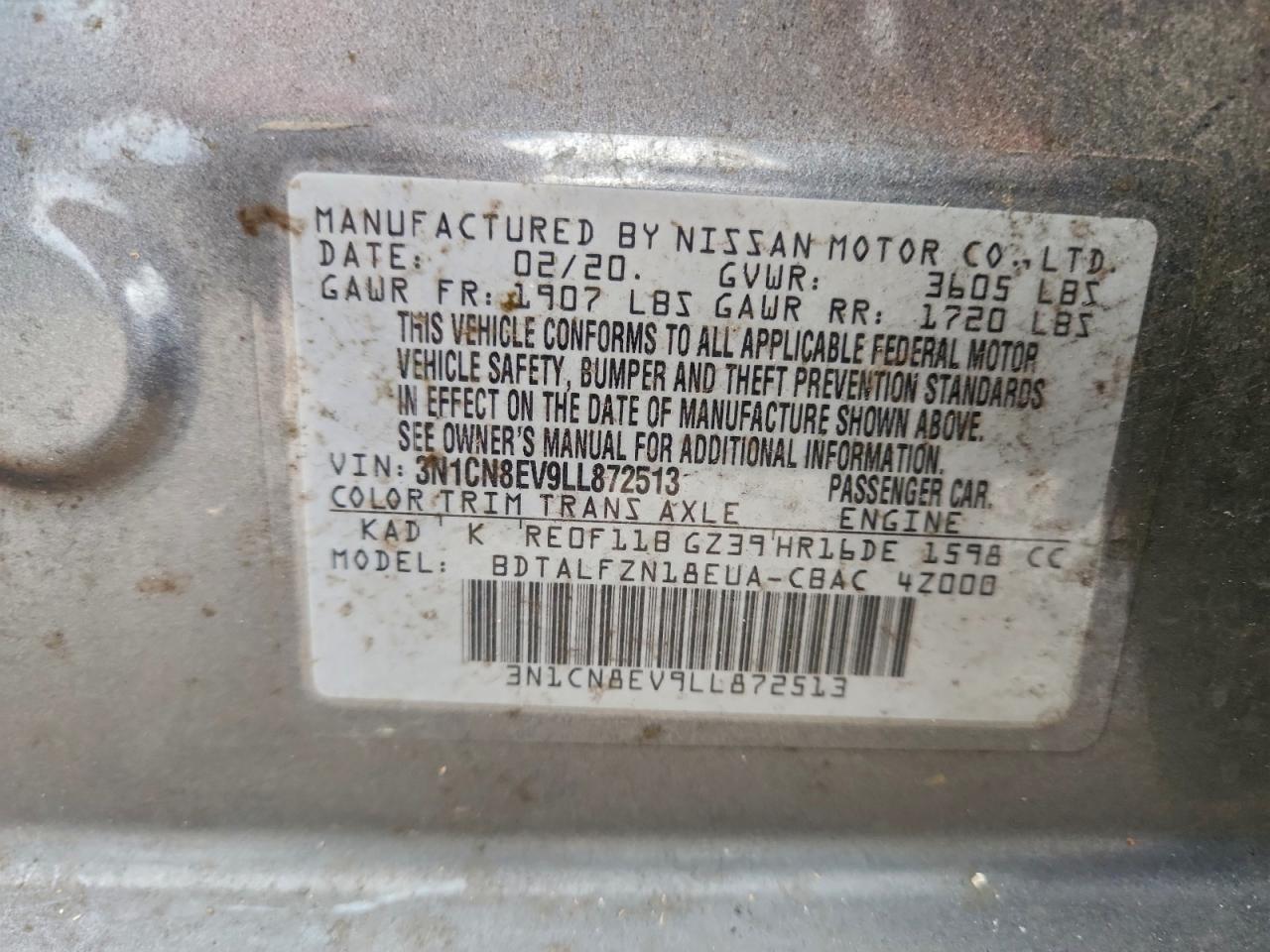 2020 Nissan Versa Sv Серый vin: 3N1CN8EV9LL872513