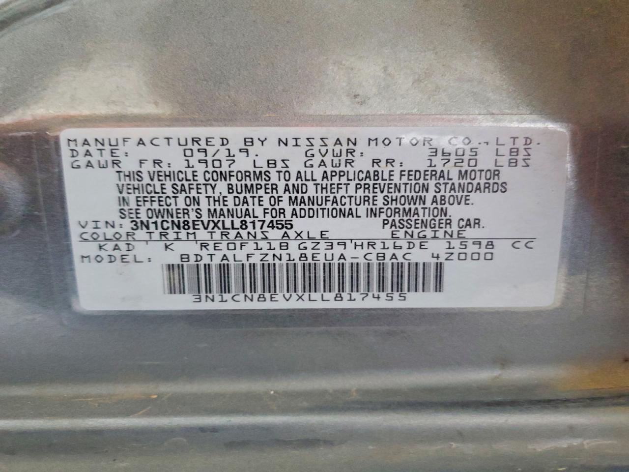 2020 Nissan Versa Sv Gray vin: 3N1CN8EVXLL817455