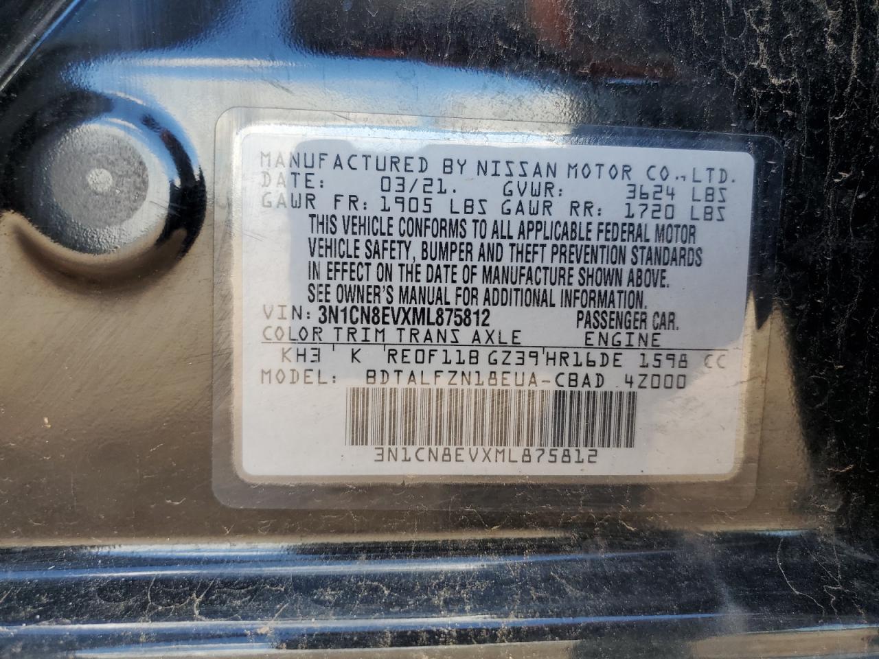 2021 Nissan Versa Sv Black vin: 3N1CN8EVXML875812