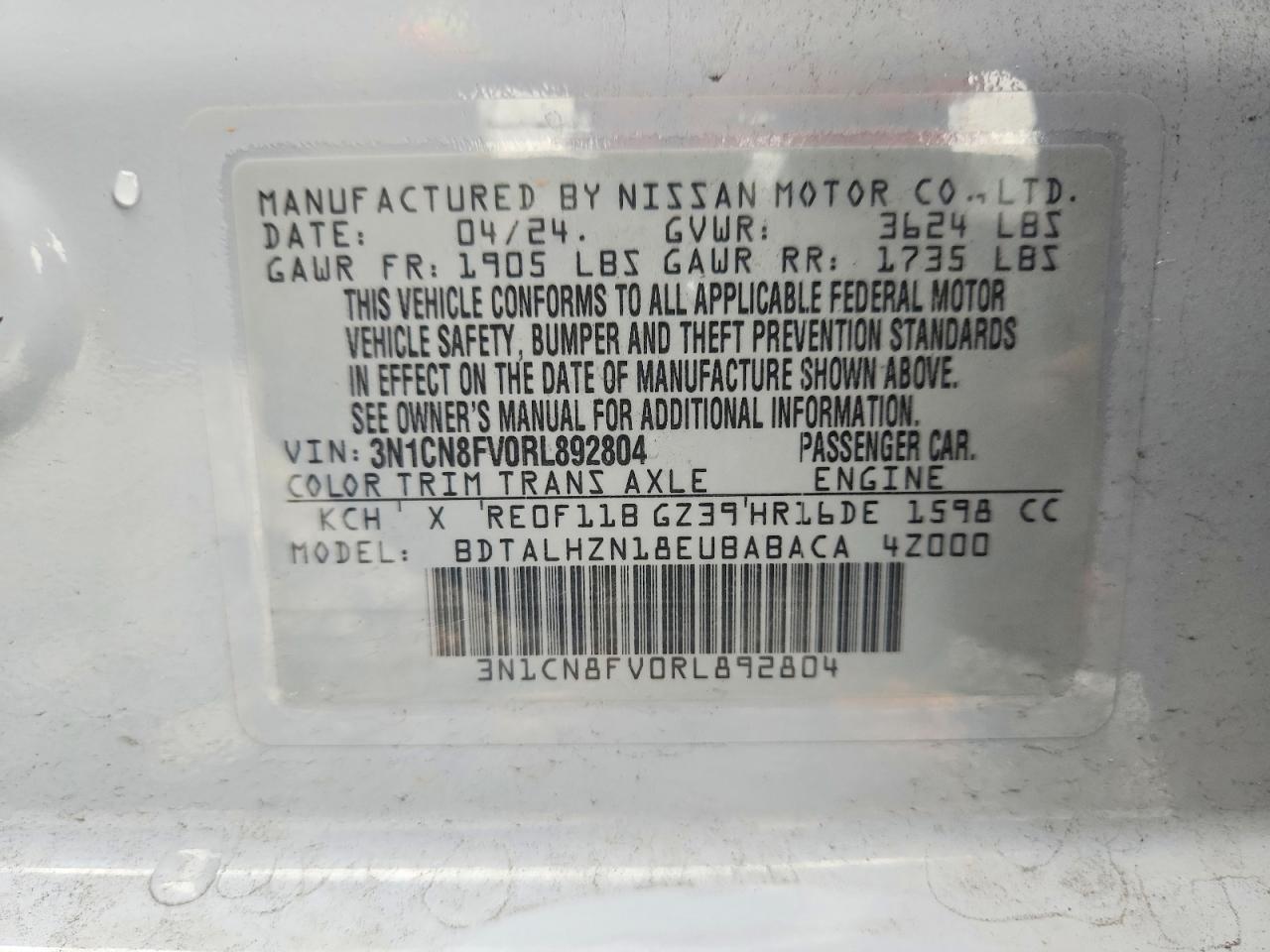 2024 Nissan Versa Sr Gray vin: 3N1CN8FV0RL892804