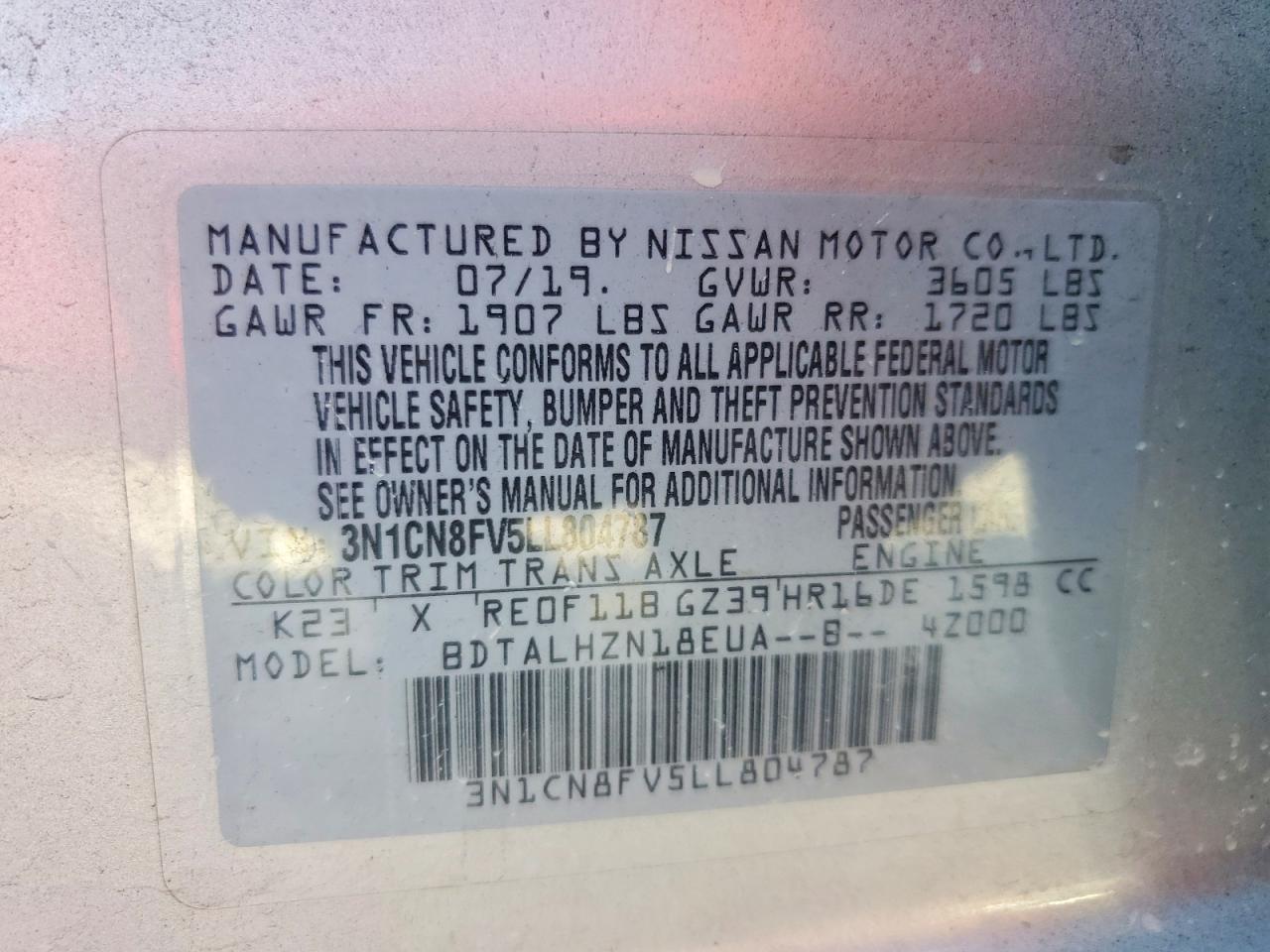 2020 Nissan Versa Sr Silver vin: 3N1CN8FV5LL804787